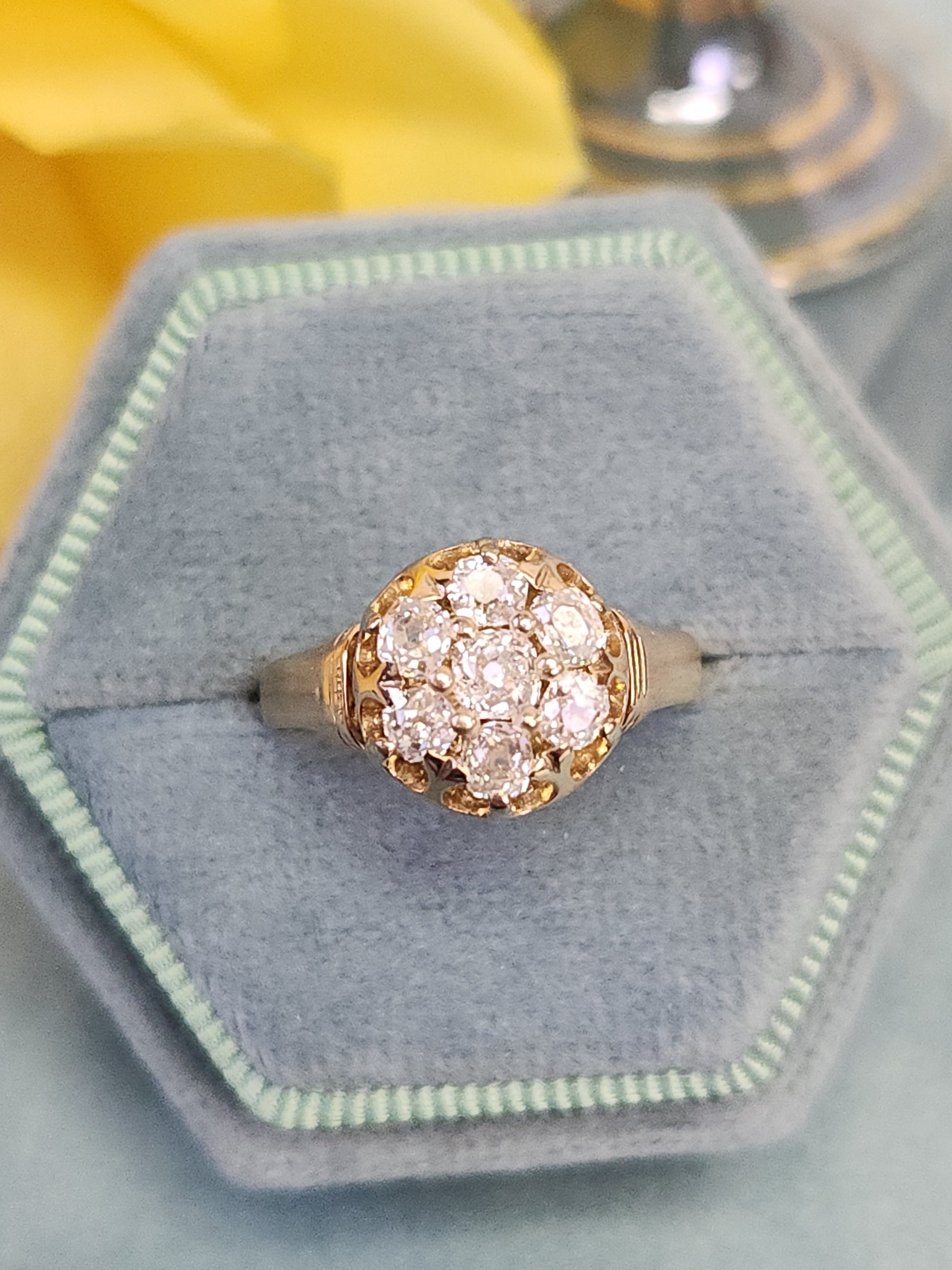 Antique Victorian Old Mine Cut Diamond Cluster Engagement Ring in 14k Gold