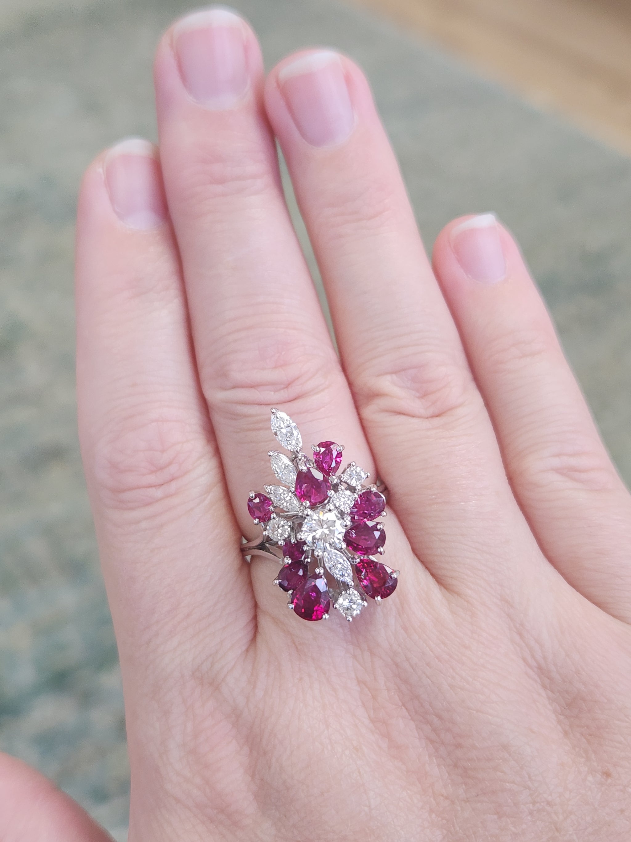 Incredible Ruby and Diamond Cluster Statement Ring in 18k White Gold