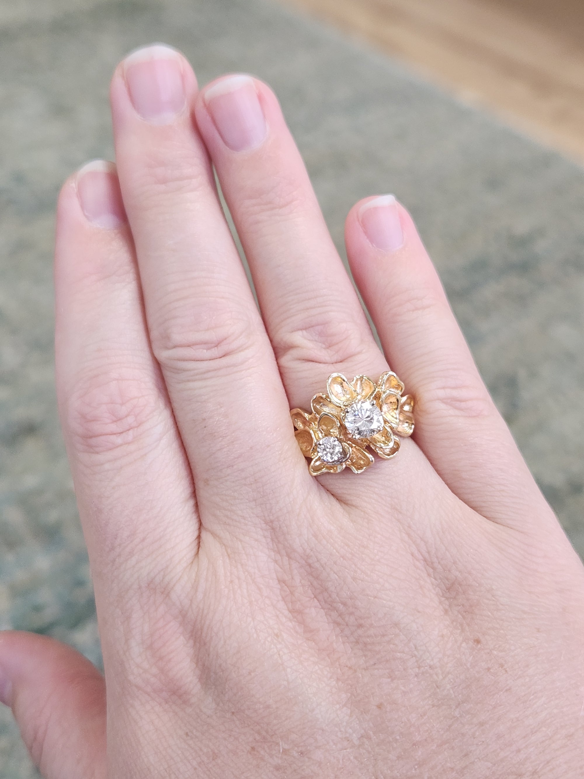 Unique Double Diamond Flower Petal Statement Ring in 14k Yellow Gold