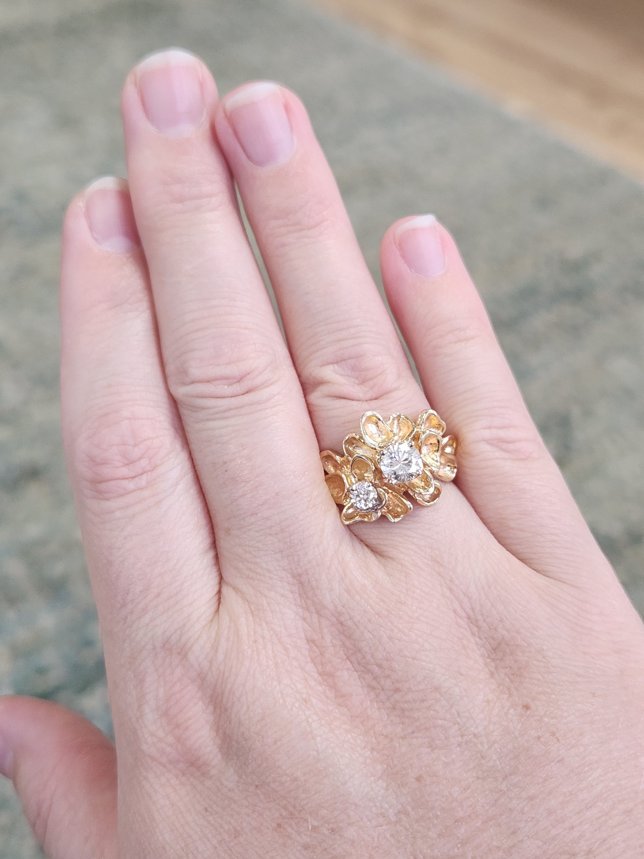 Unique Double Diamond Flower Petal Statement Ring in 14k Yellow Gold