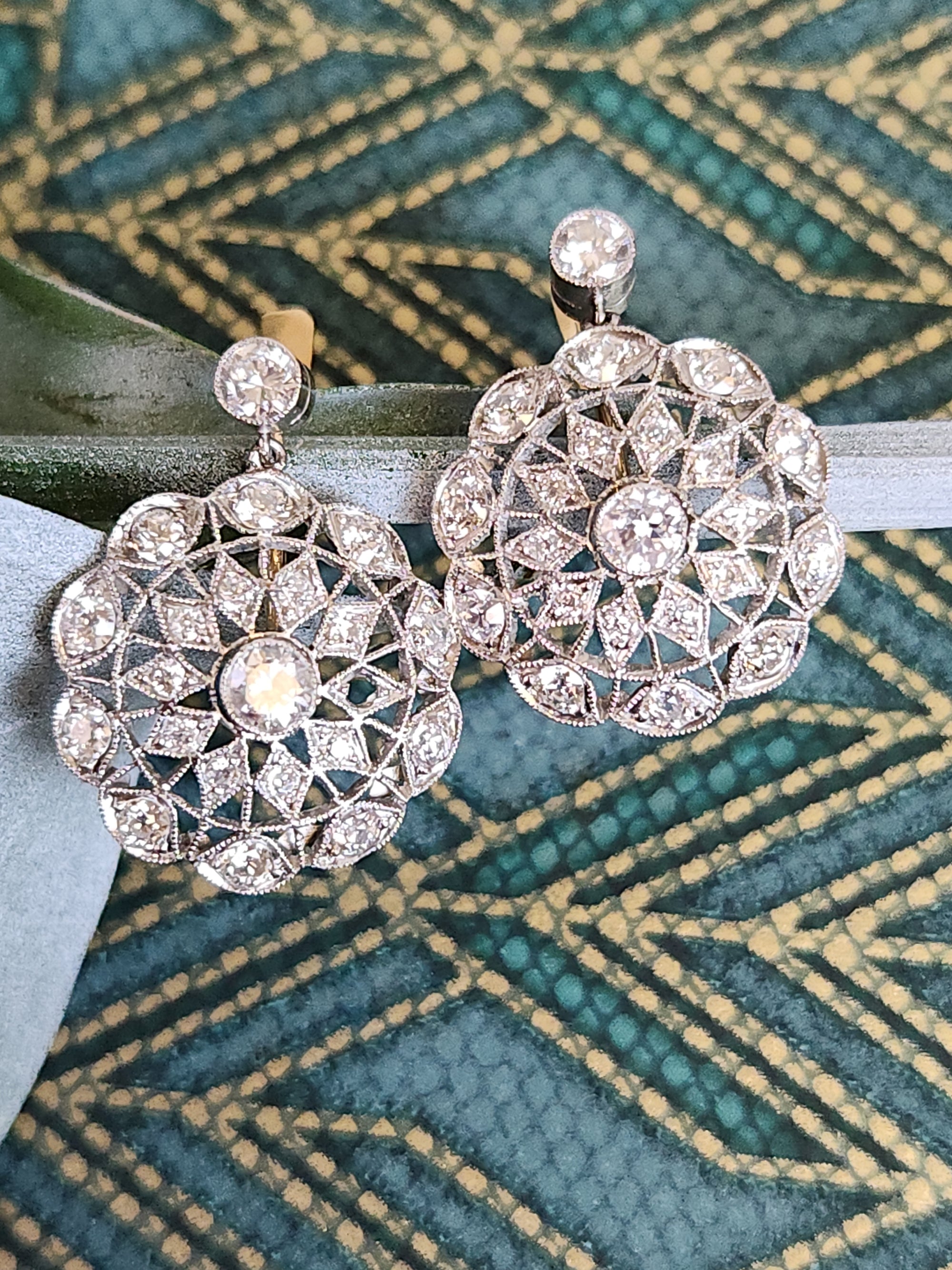 Antique Edwardian Diamond Lace Filigree Drop Earrings in 18k Yellow and White Gold