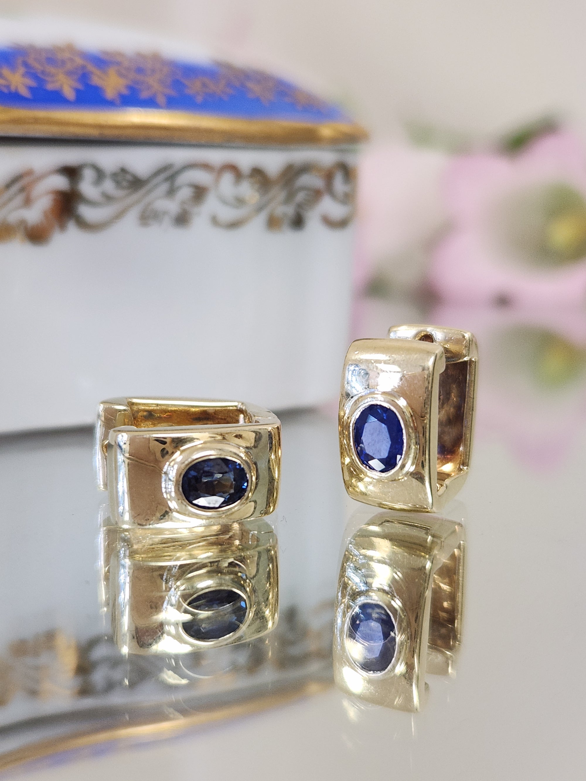 Vintage Bezel Set Blue Sapphire Huggie Hoop Earrings in 14k Yellow Gold