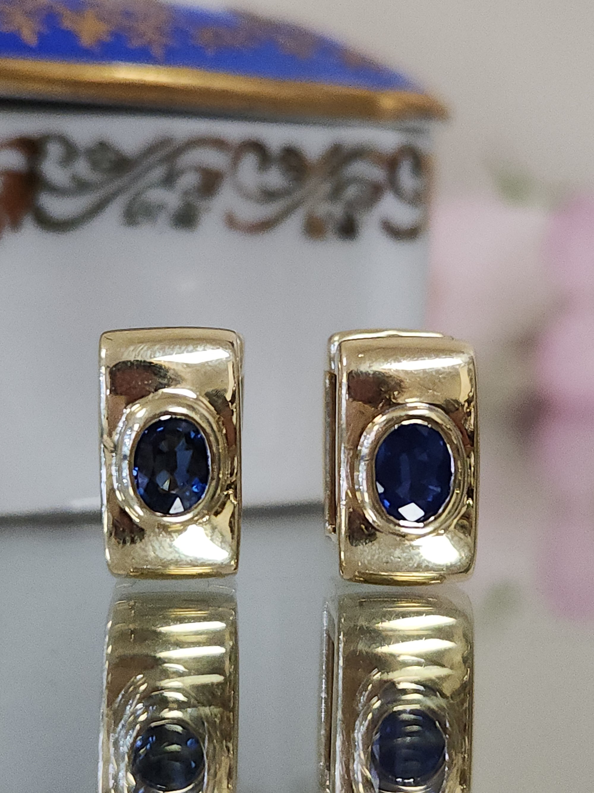 Vintage Bezel Set Blue Sapphire Huggie Hoop Earrings in 14k Yellow Gold