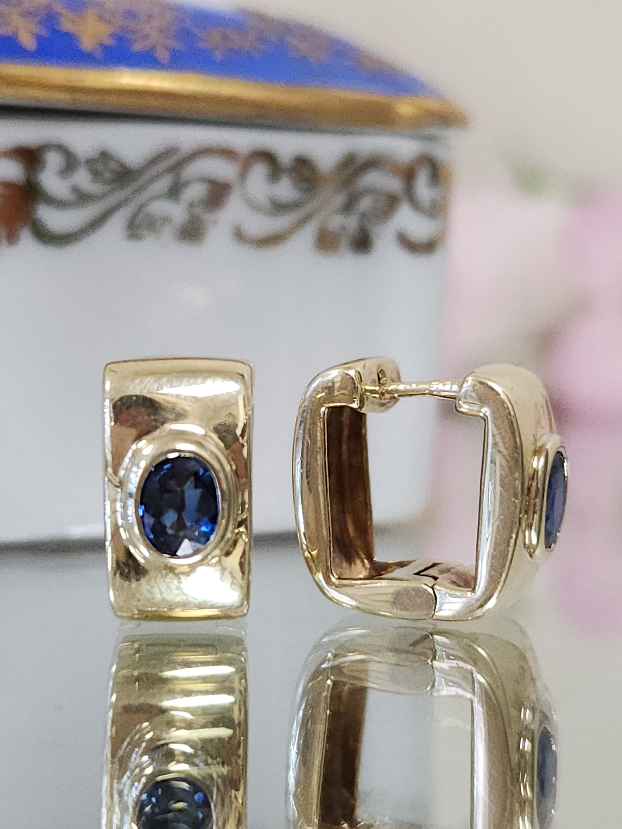 Vintage Bezel Set Blue Sapphire Huggie Hoop Earrings in 14k Yellow Gold