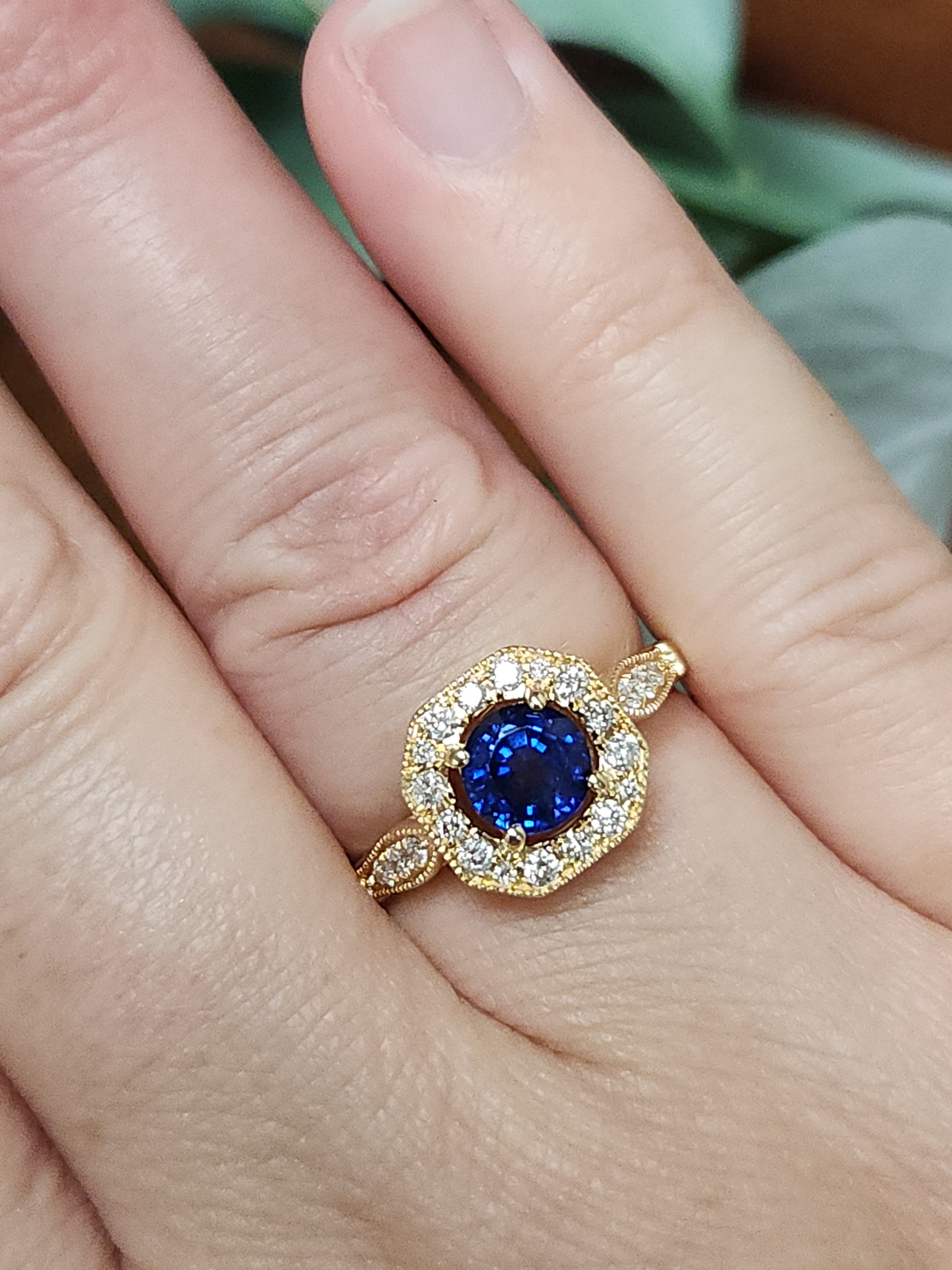 Vintage Sparkling Blue Sapphire and Diamond Octagonal Halo in 14k Yellow Gold