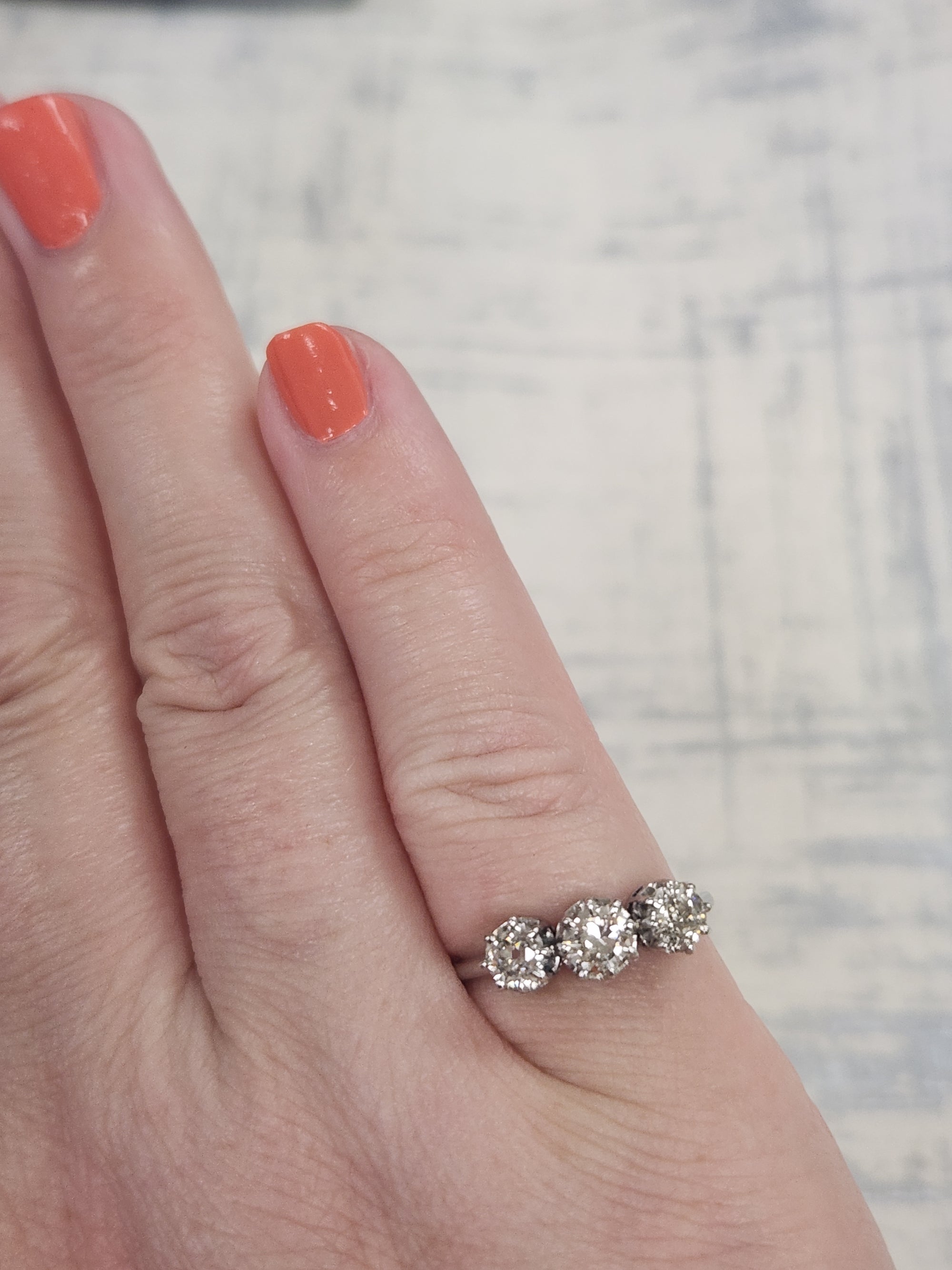 Art Deco Three Stone Old Mine Cut and Old European Cut Diamond Ring in Platinum