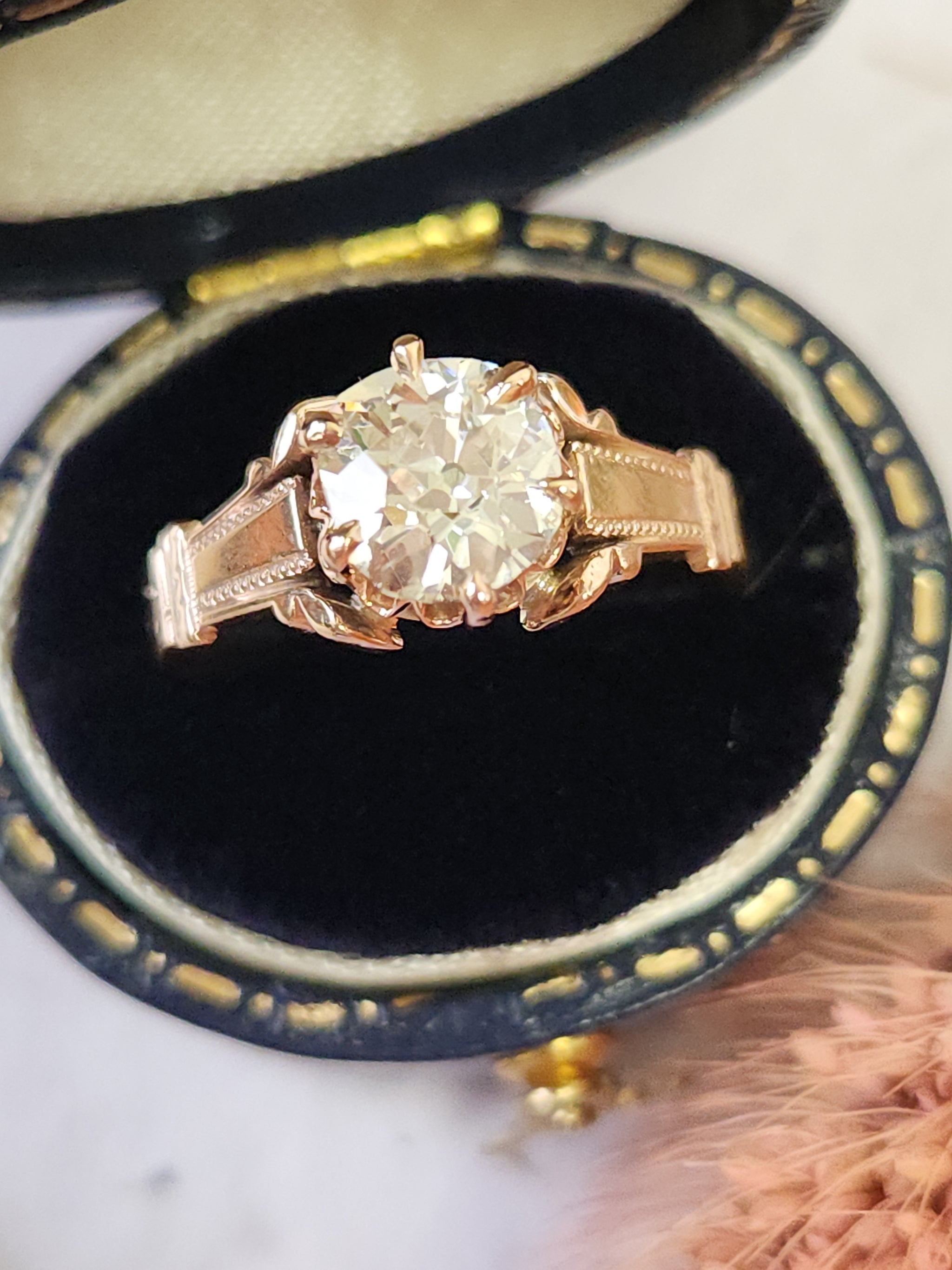 Antique Victorian 1.10ct Old Mine Cut Diamond Solitaire Ring in 10k Rose Gold