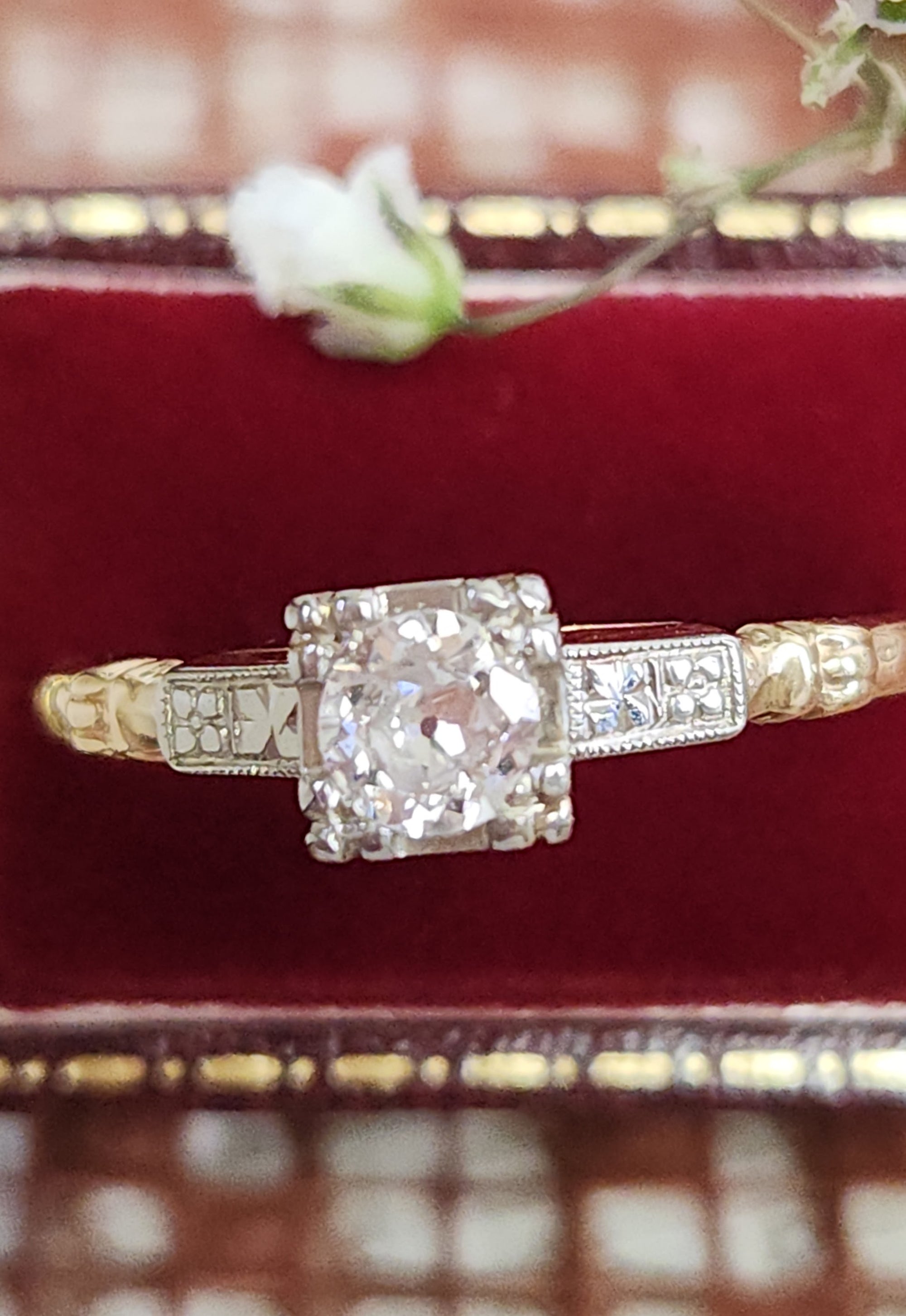 Petite Late Art Deco Old European Cut Diamond Two Tone Solitaire Ring in 14k