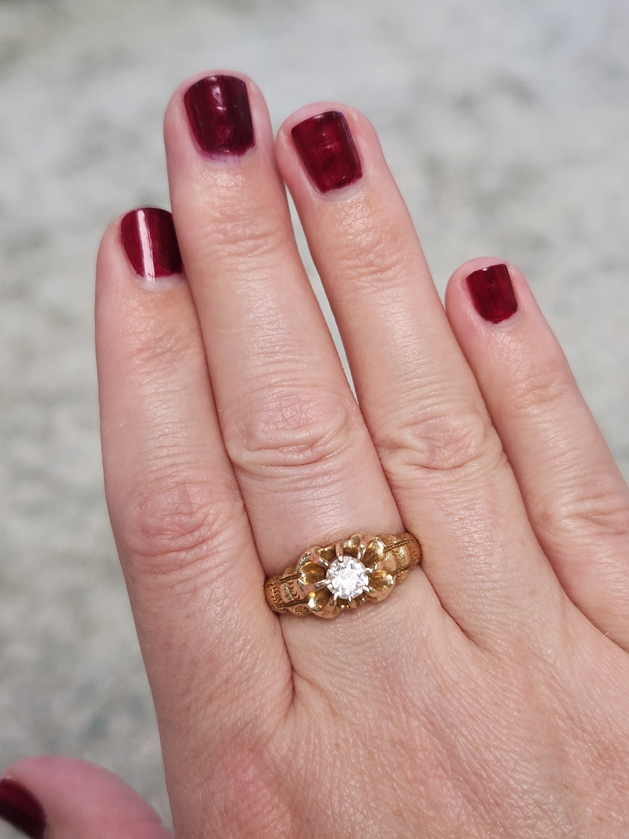 Antique Victorian Old European Cut Diamond Belcher Set Ring in 14k Yellow Gold