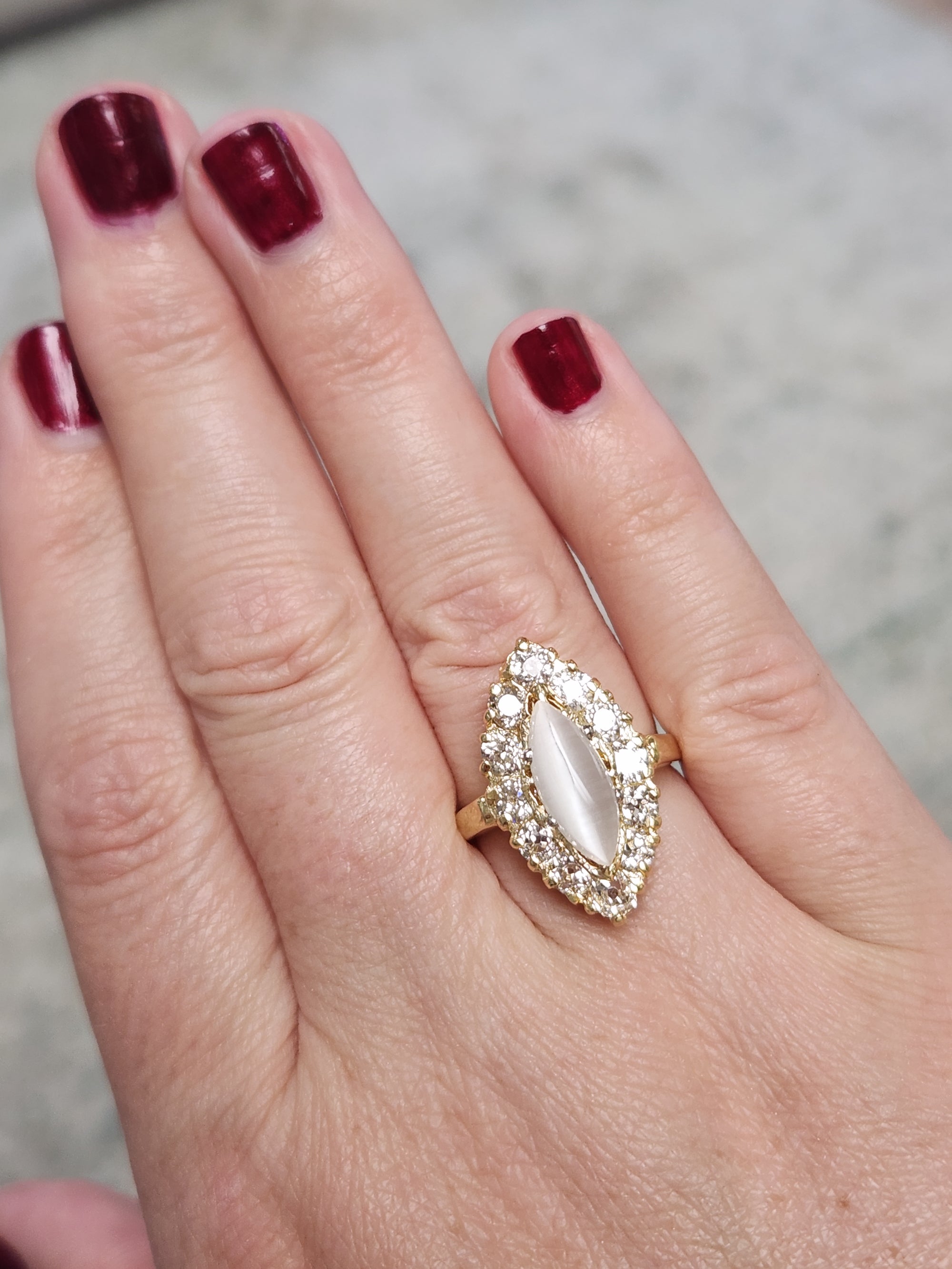 Antique Victorian Cat's Eye Moonstone and Old Mine Cut Diamond Navette Ring in 14k Yellow Gold