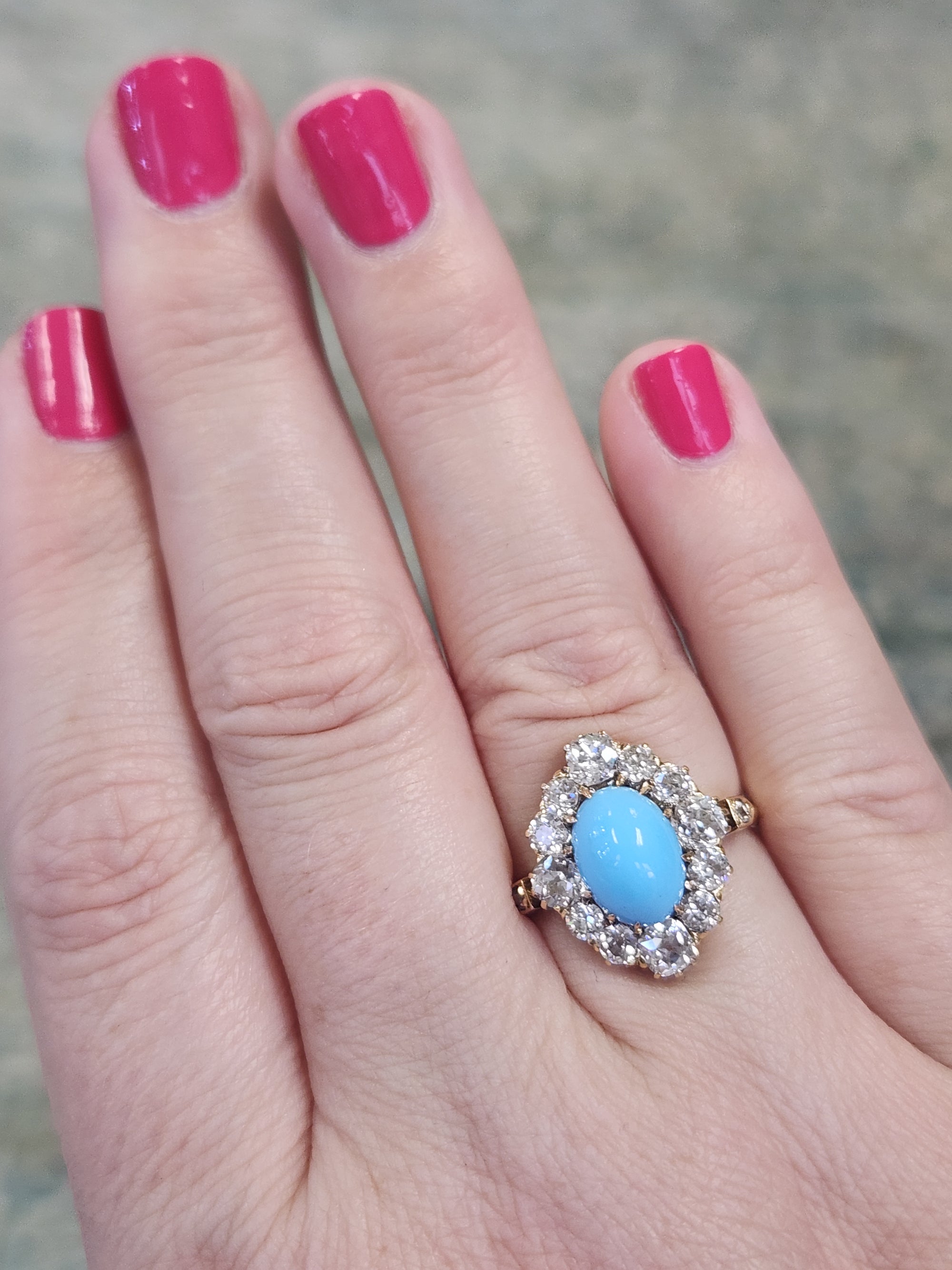 Impeccable Antique Victorian Persian Turquoise and Old Mine Cut Diamond Ring in 14k