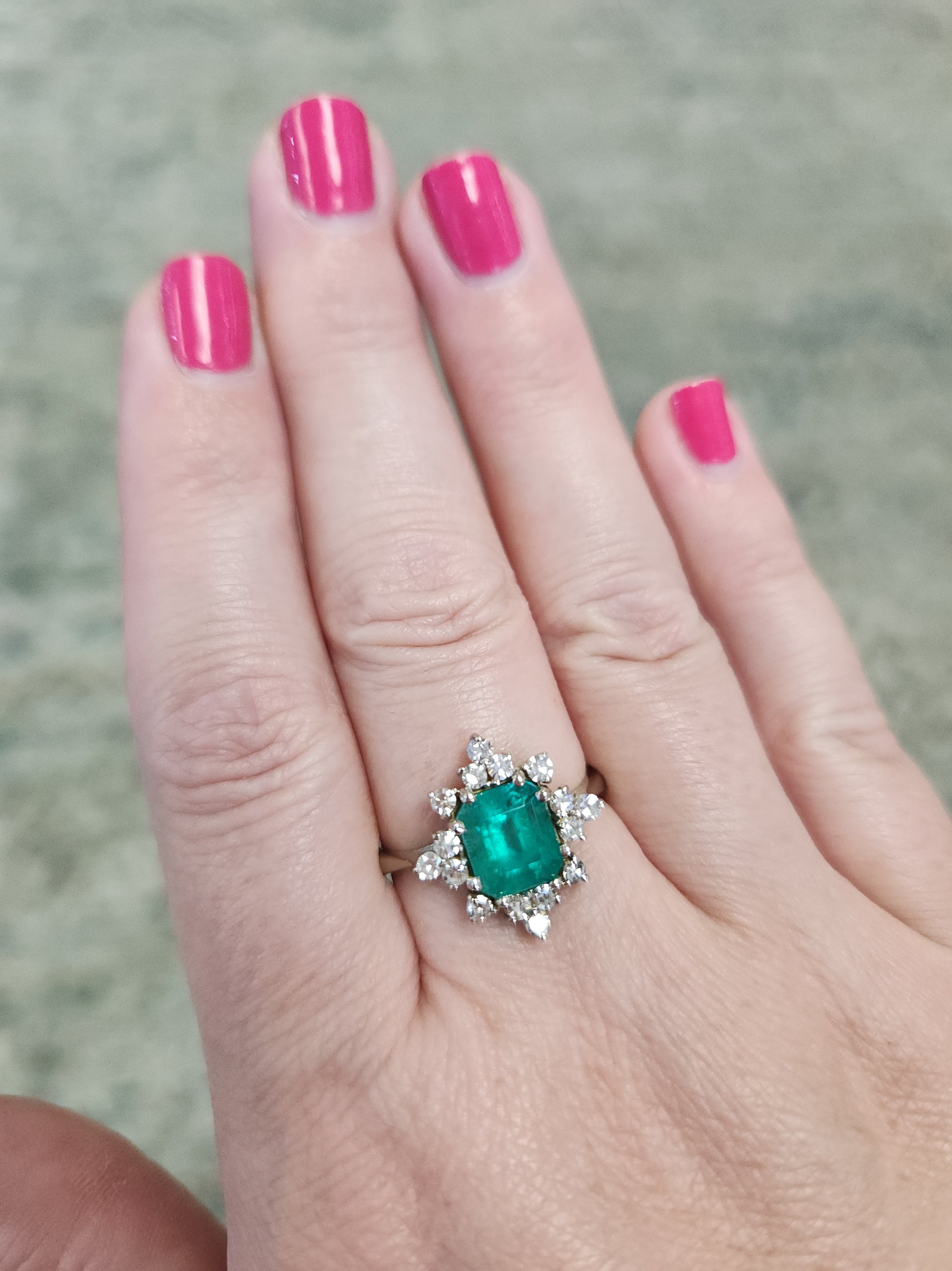 Fine Vintage Emerald Cut Natural Emerald and Diamond Ring in 14k White Gold