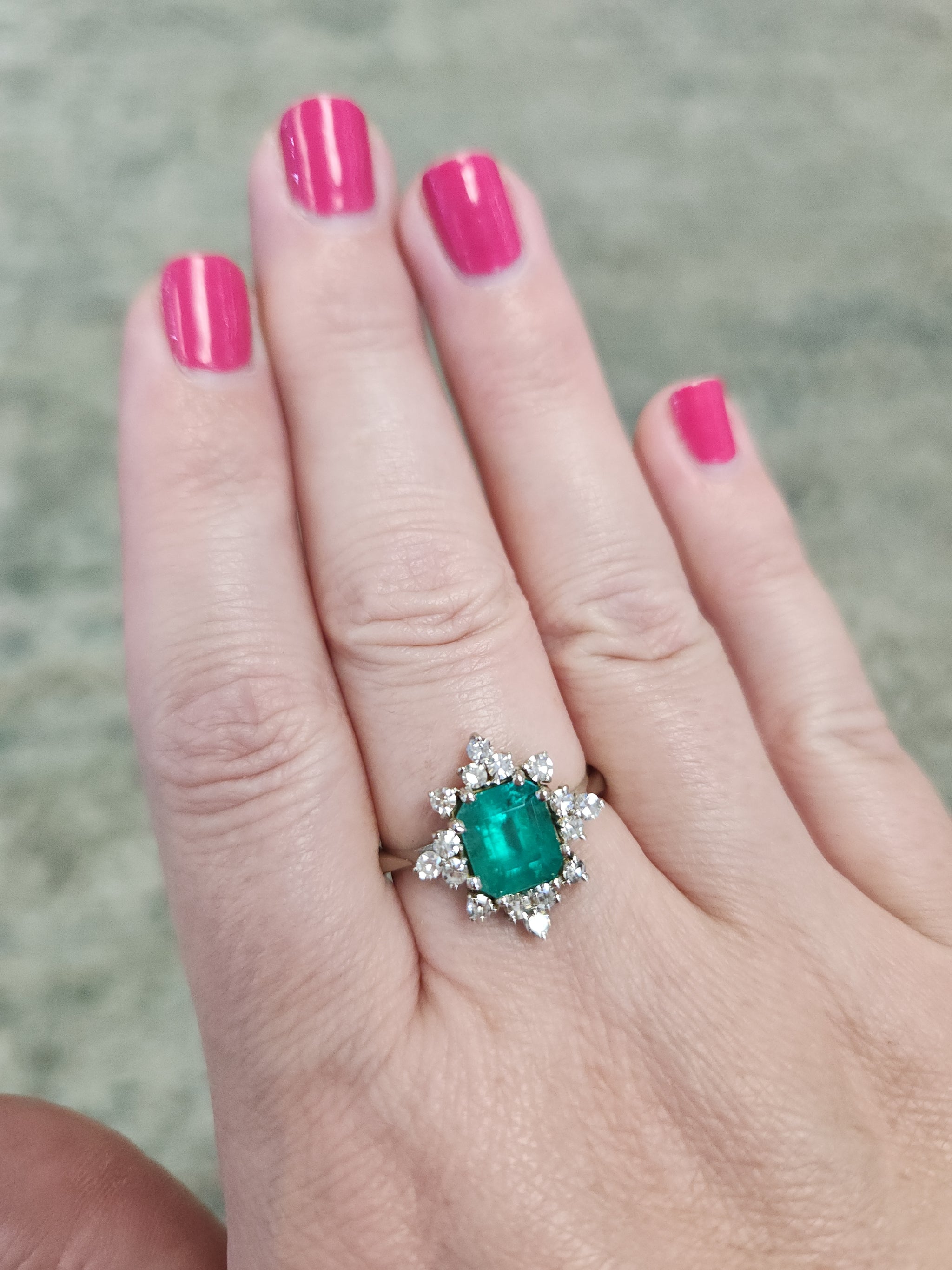Fine Vintage Emerald Cut Natural Emerald and Diamond Ring in 14k White Gold