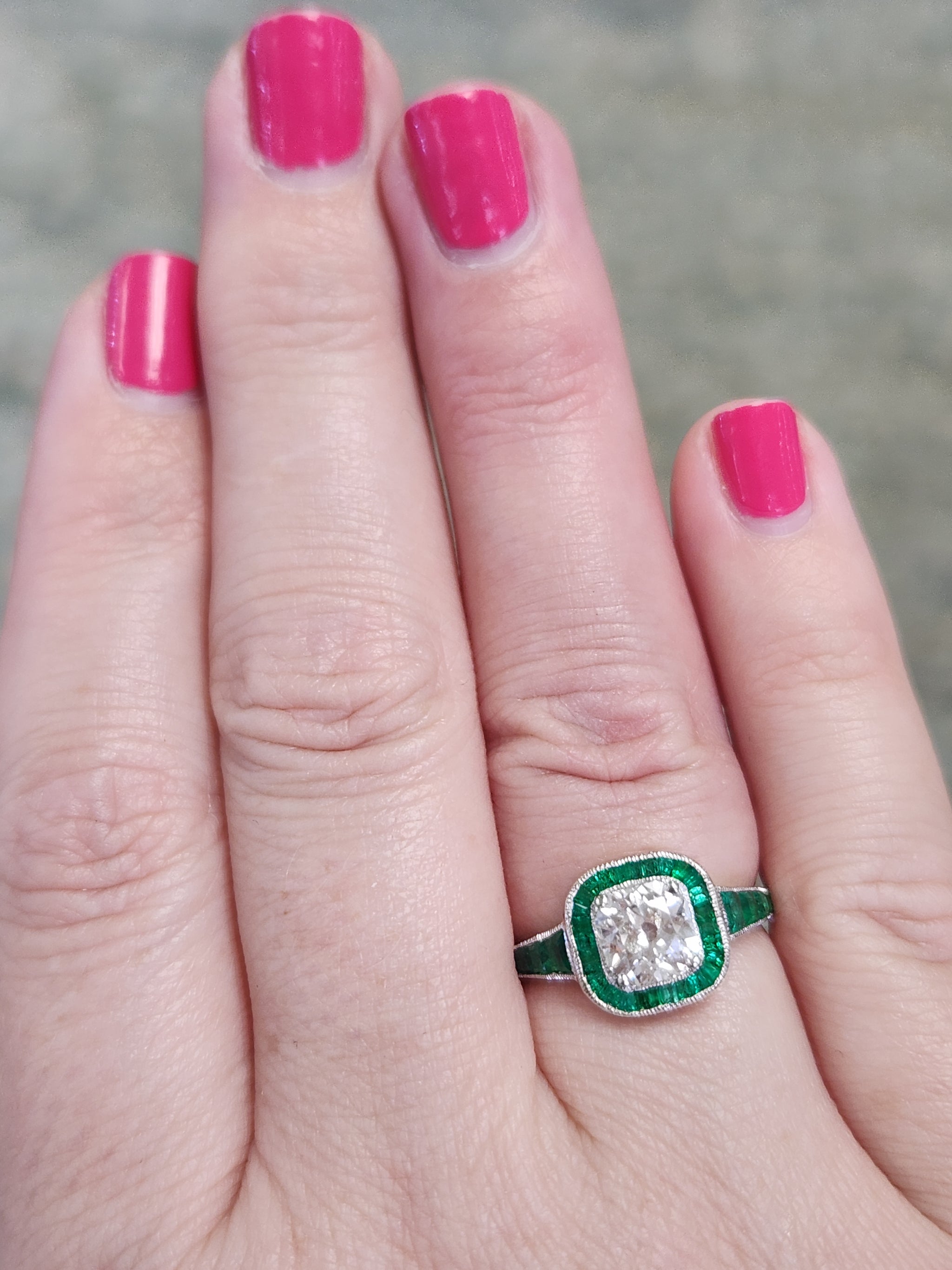 Vintage Old Mine Cut Diamond and Natural Emerald Engagement Ring in 14k White Gold