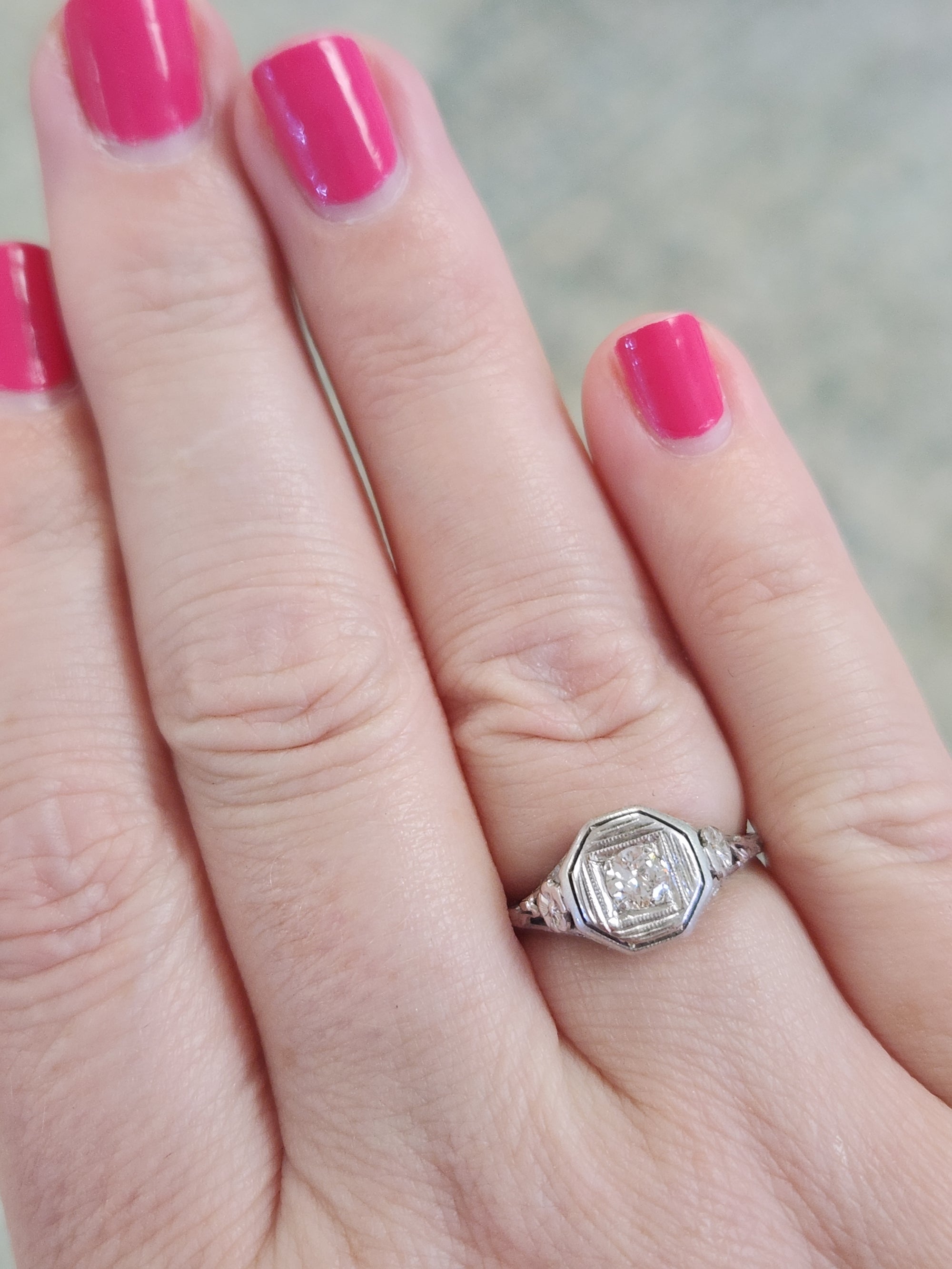 Classic Art Deco Diamond Solitaire Ring with Floral Engraving in 18k White Gold