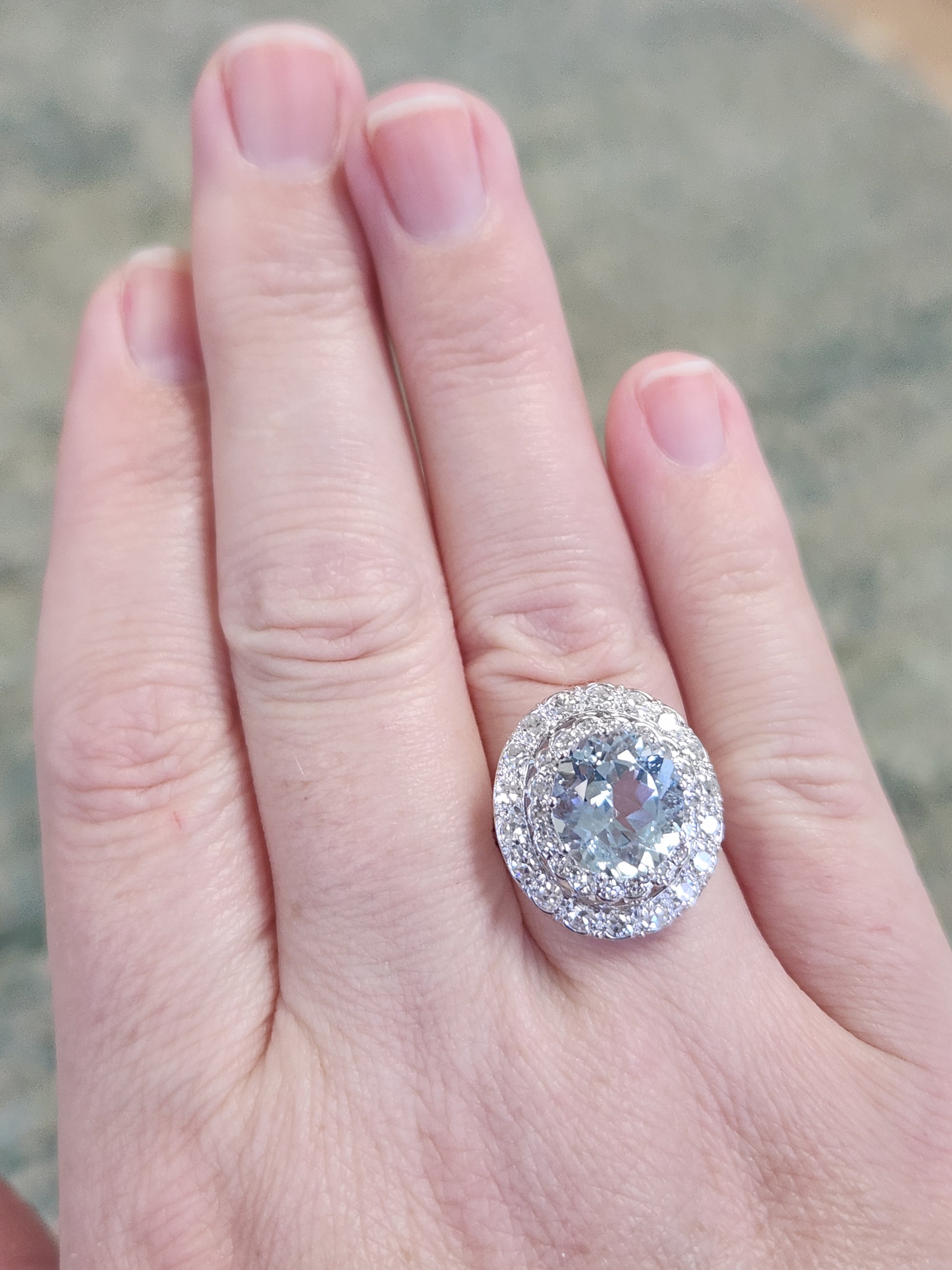 Vintage Sparkling Aquamarine and Double Diamond Halo Cocktail Ring in 18k White Gold