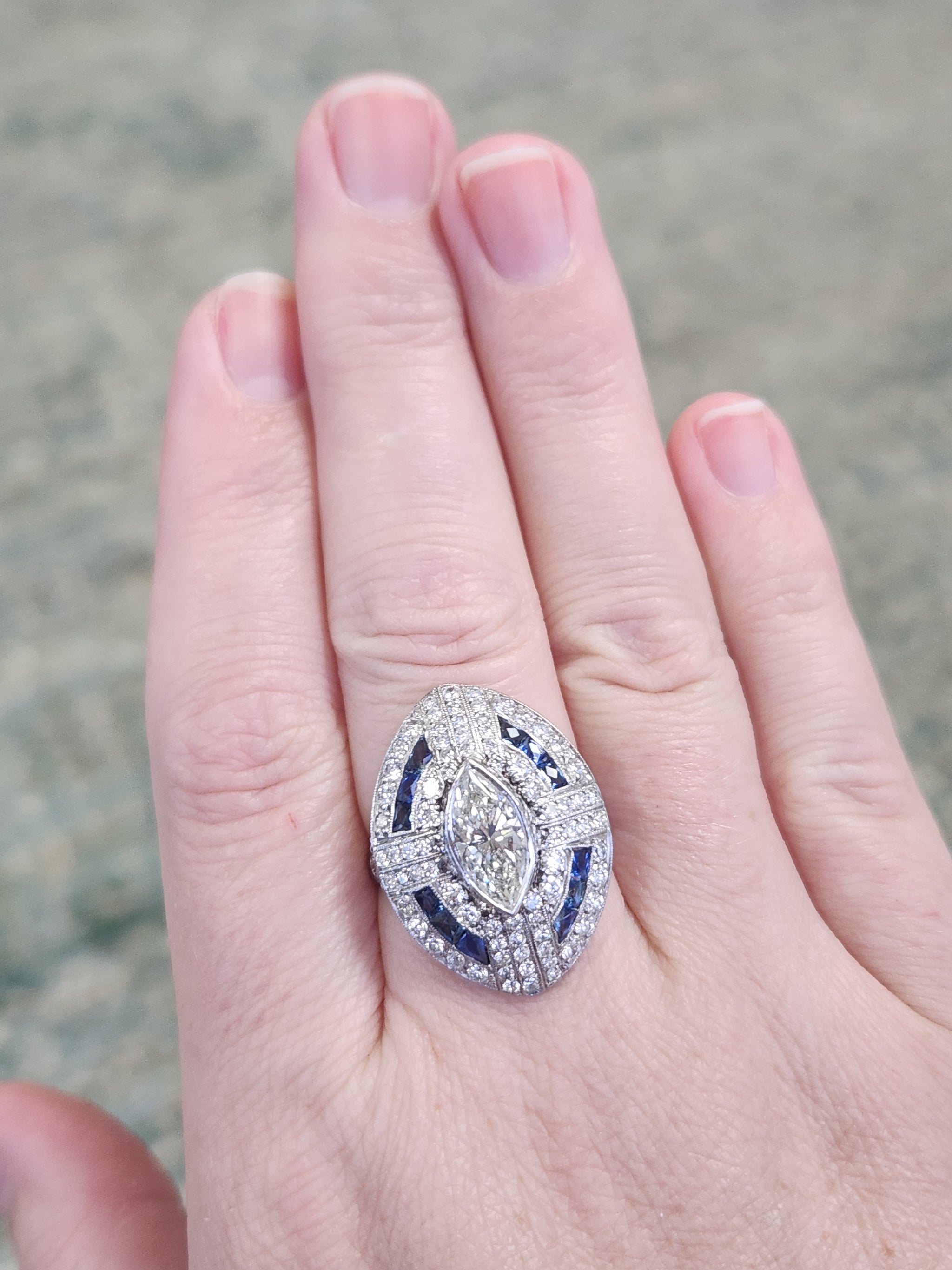 Incredible Art Deco Style Natural Marquise Diamond and Sapphire Ring in Platinum