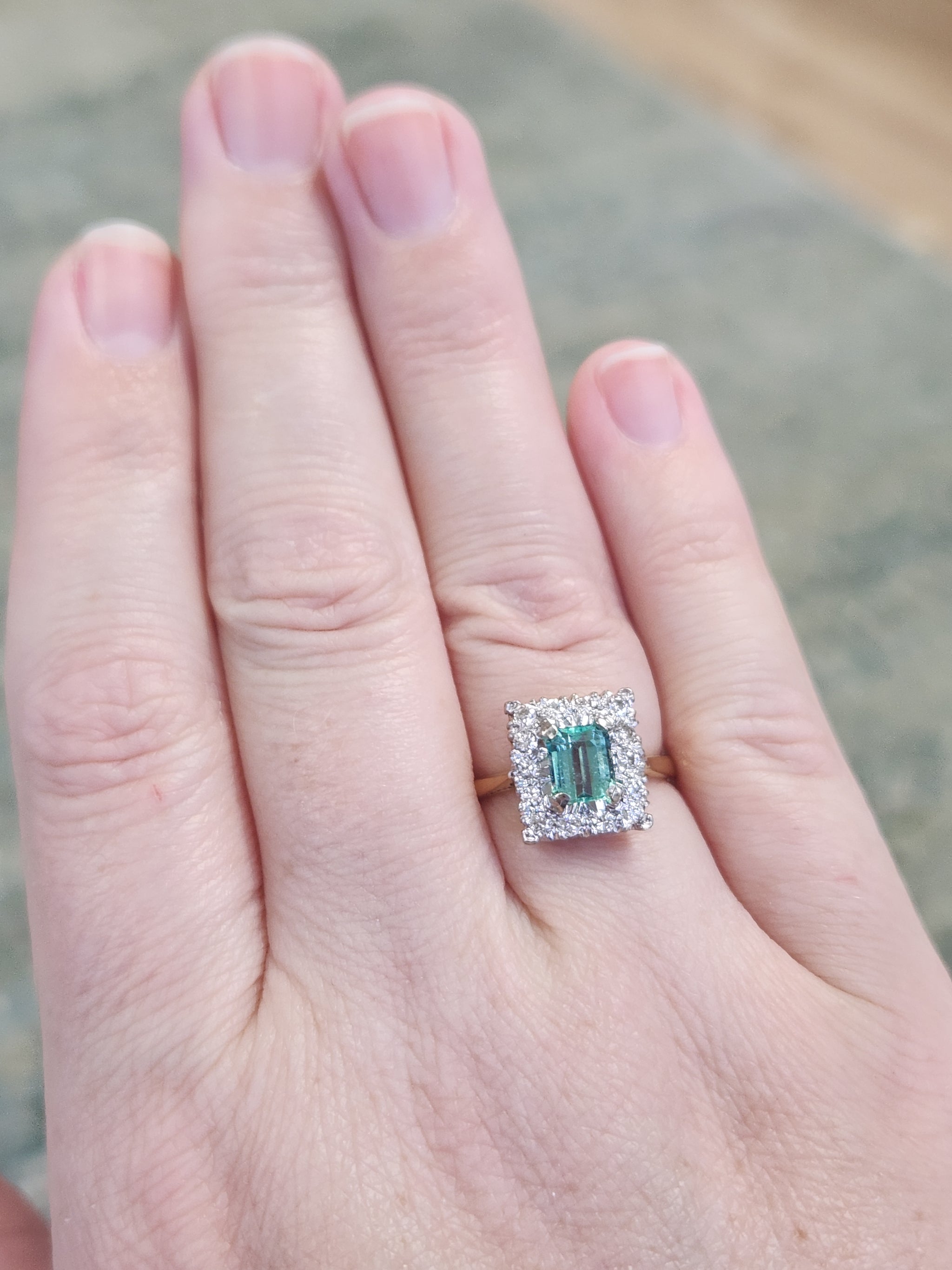 Vintage Emerald Cut Emerald and Diamond Halo Engagement Ring in 18k Yellow Gold