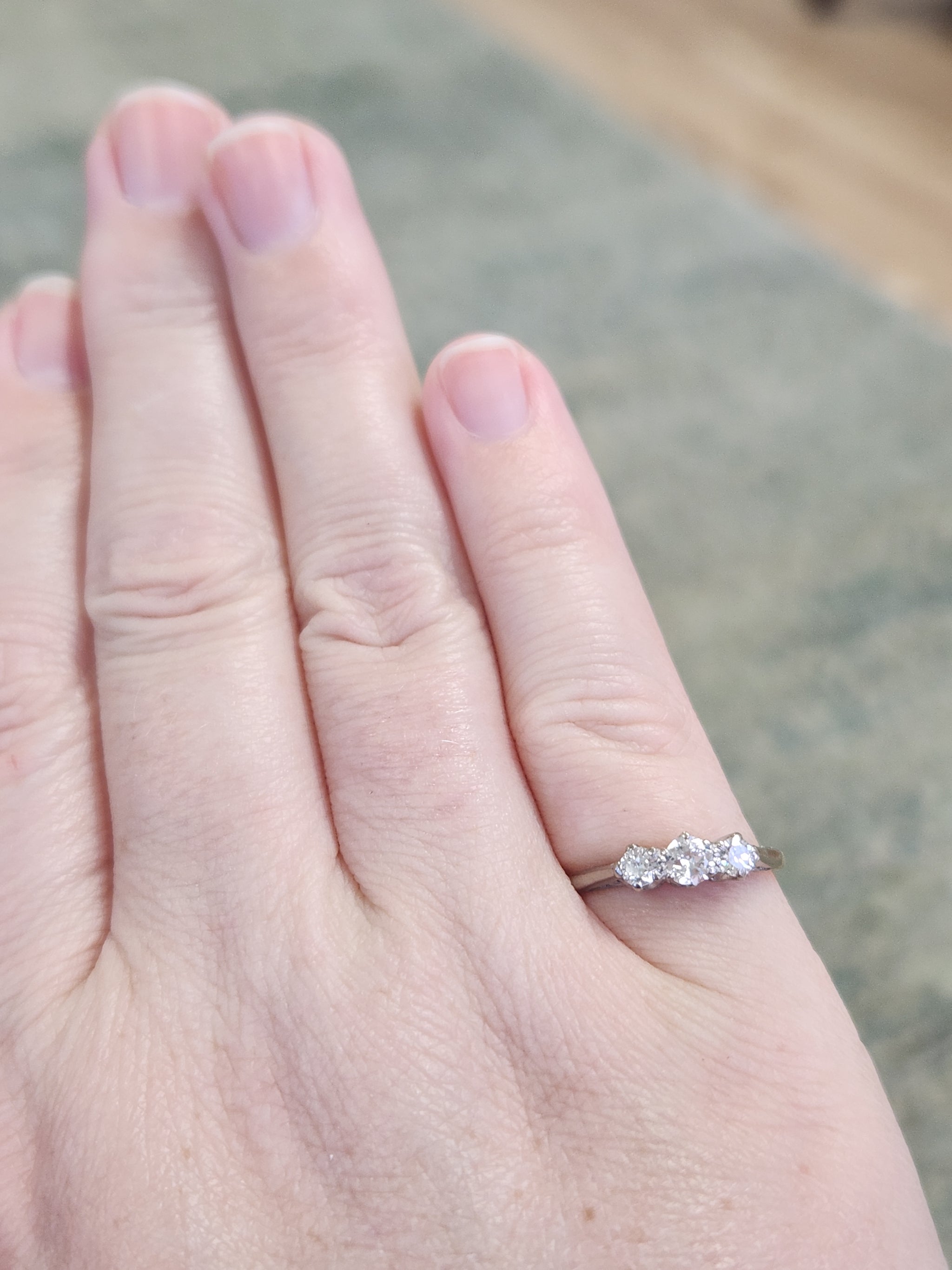 Antique Edwardian Old European Cut Diamond Three Stone Ring in Platinum and 18k Yellow Gold