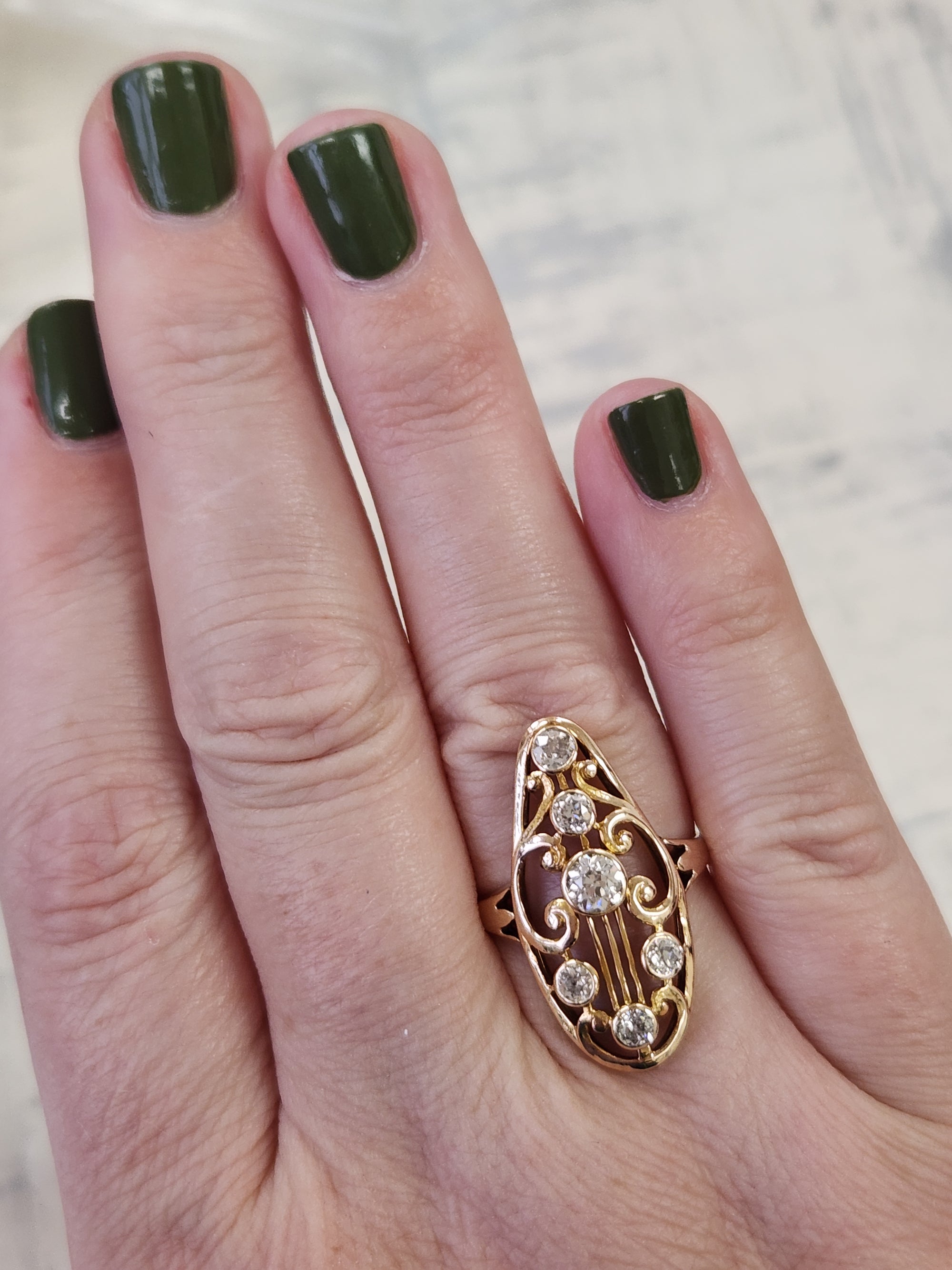 Art Nouveau Old European Cut Diamond Cluster Ring in 14k Yellow Gold