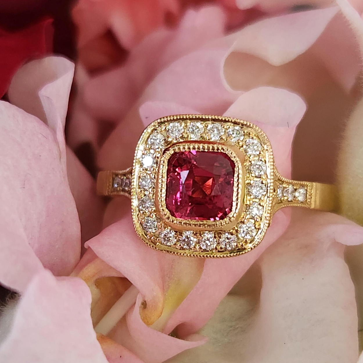 Handcrafted Vivid Pink Spinel and Diamond Ring in 18k Yellow Gold