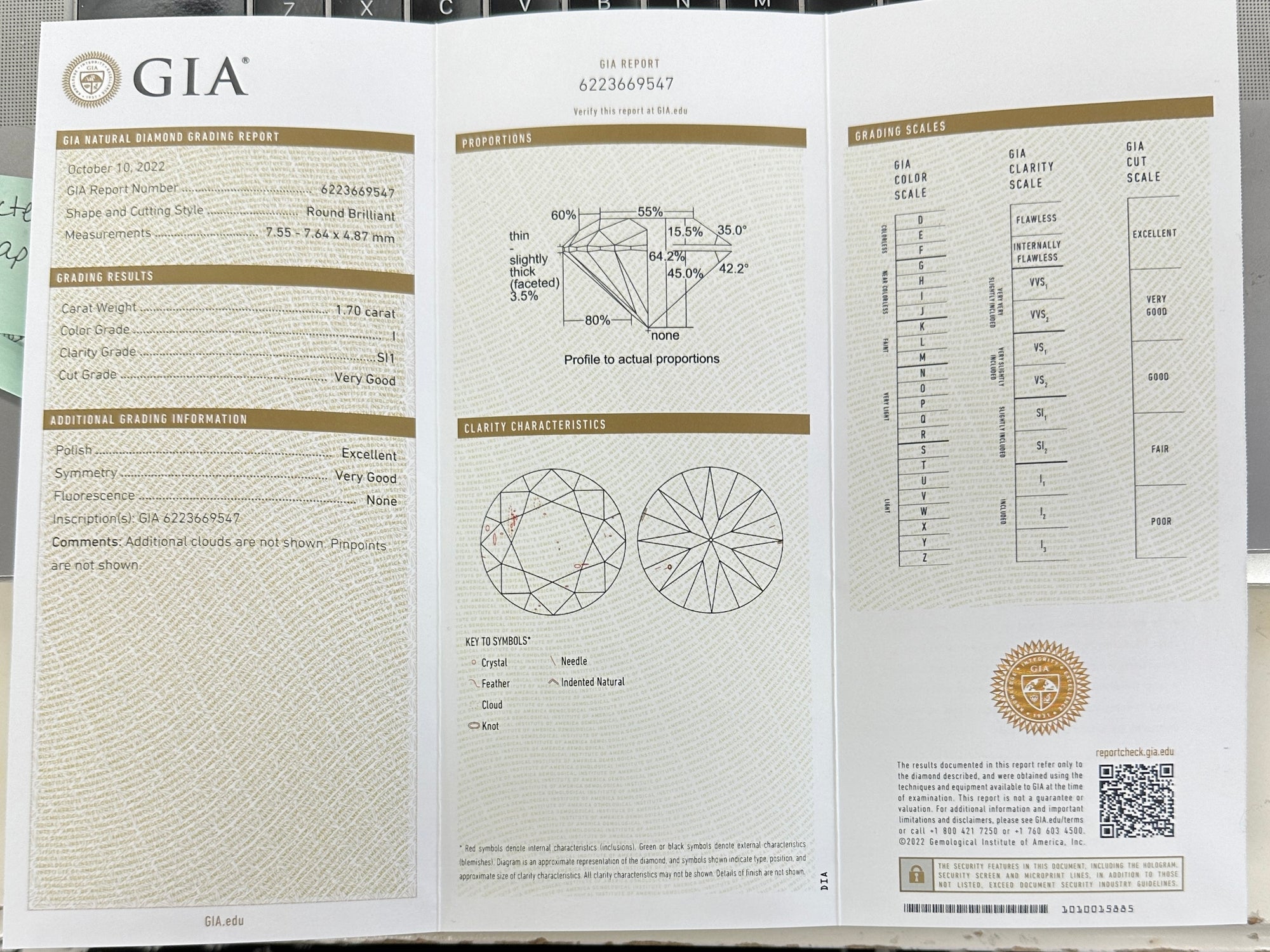 GIA Certified 1.70ct Round Brilliant Cut Loose I Color SI1 Clarity Loose Diamond