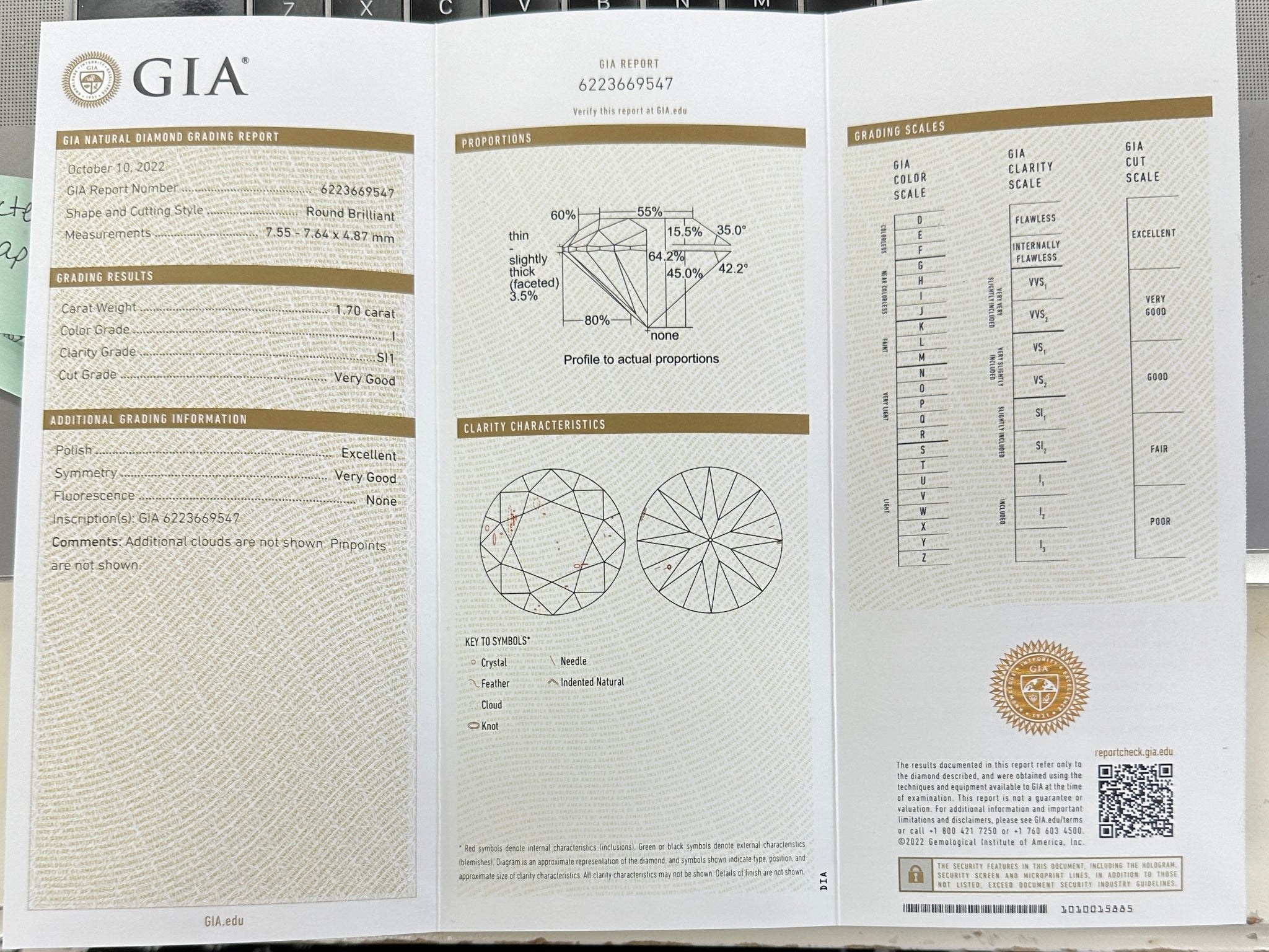GIA Certified 1.70ct Round Brilliant Cut Loose I Color SI1 Clarity Loose Diamond