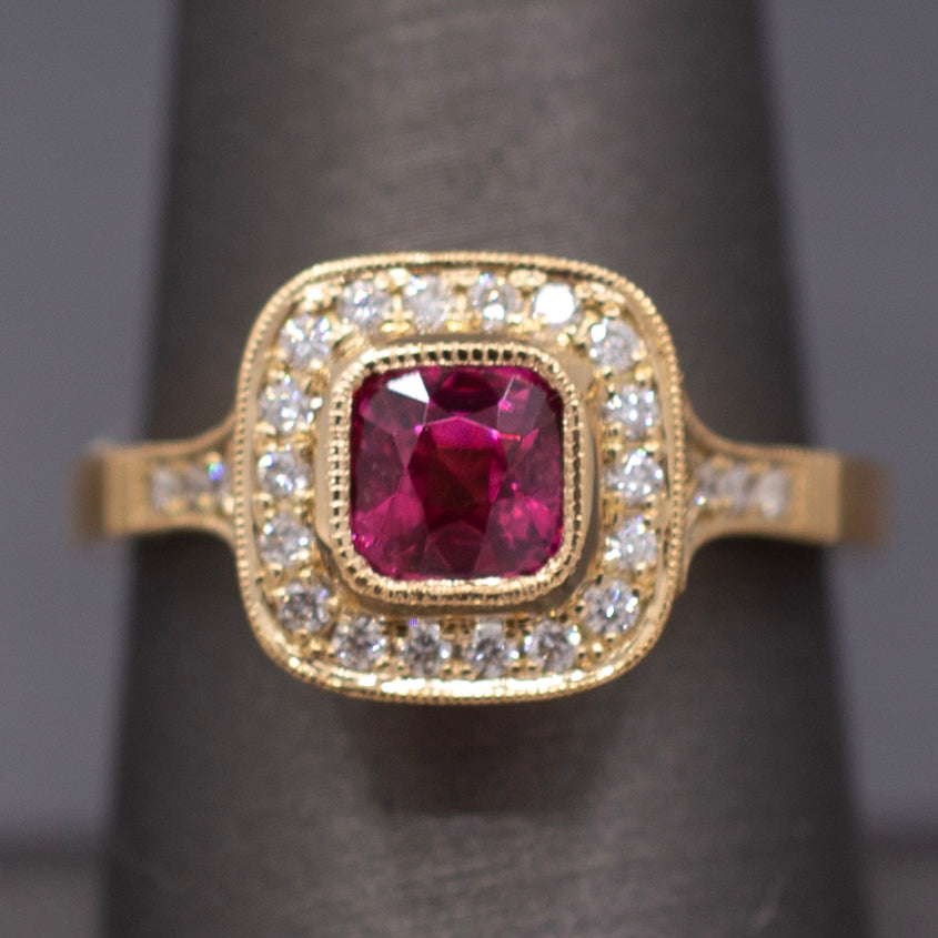 Handcrafted Vivid Pink Spinel and Diamond Ring in 18k Yellow Gold