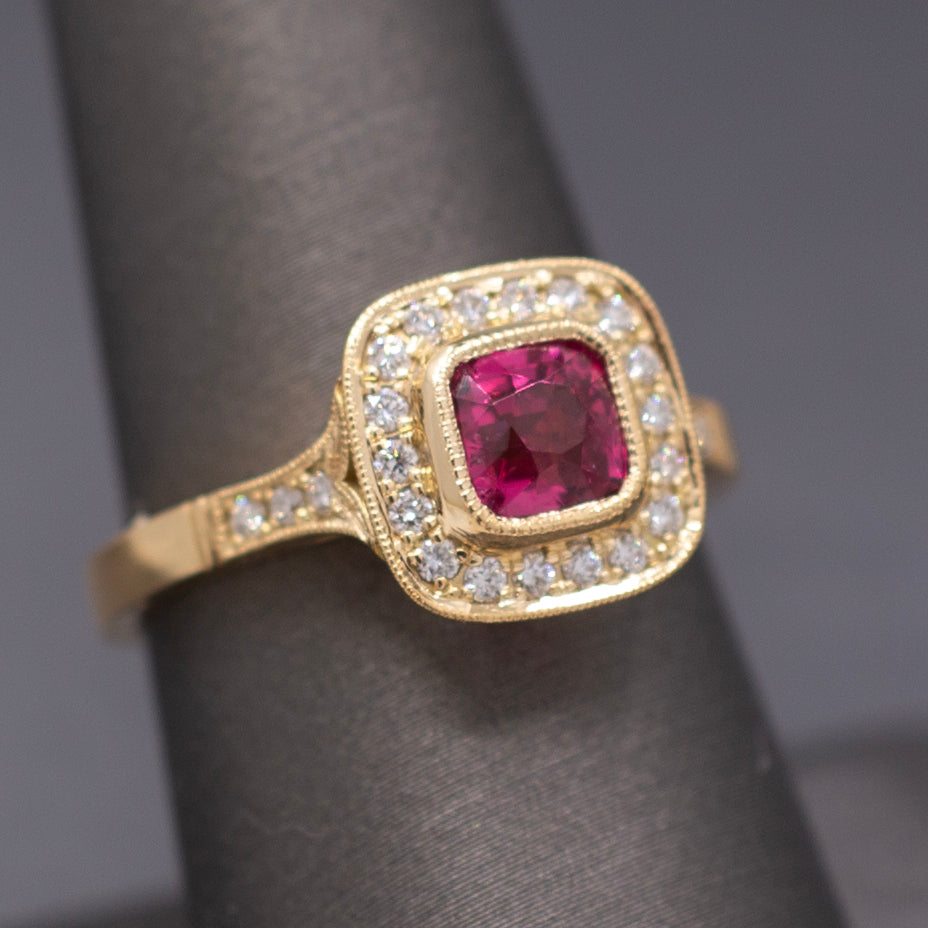 Handcrafted Vivid Pink Spinel and Diamond Ring in 18k Yellow Gold
