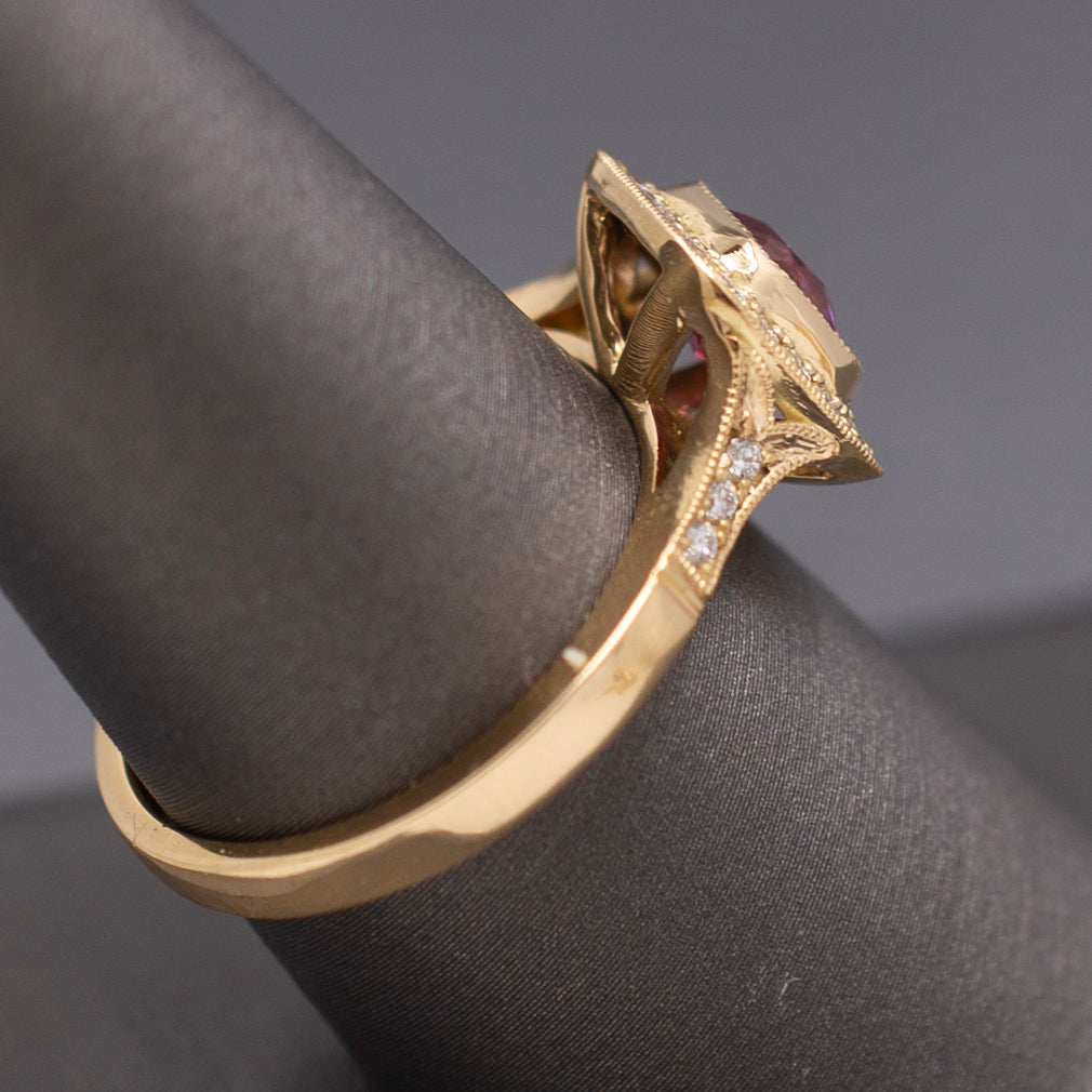 Handcrafted Vivid Pink Spinel and Diamond Ring in 18k Yellow Gold