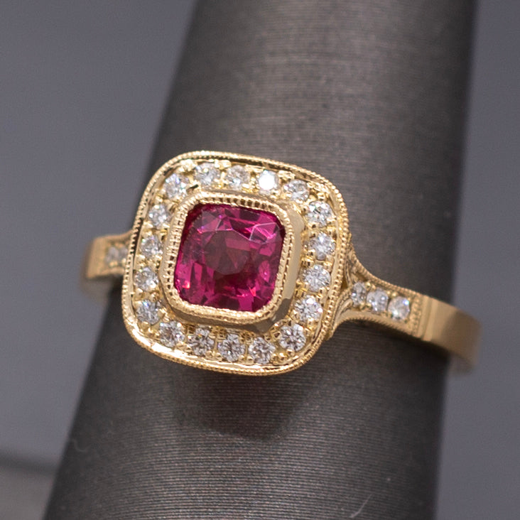 Handcrafted Vivid Pink Spinel and Diamond Ring in 18k Yellow Gold