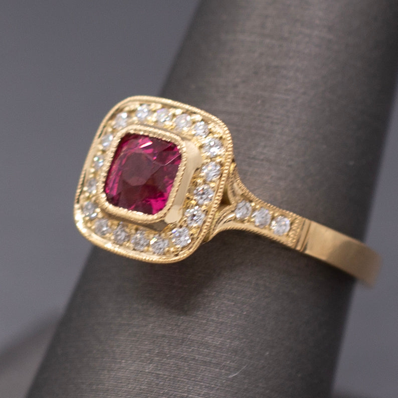 Handcrafted Vivid Pink Spinel and Diamond Ring in 18k Yellow Gold