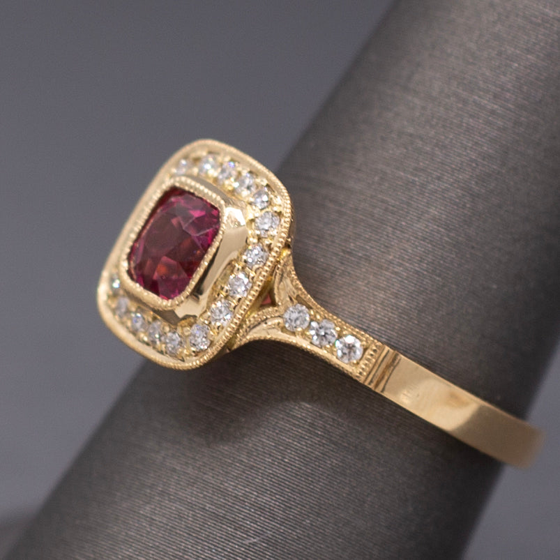 Handcrafted Vivid Pink Spinel and Diamond Ring in 18k Yellow Gold