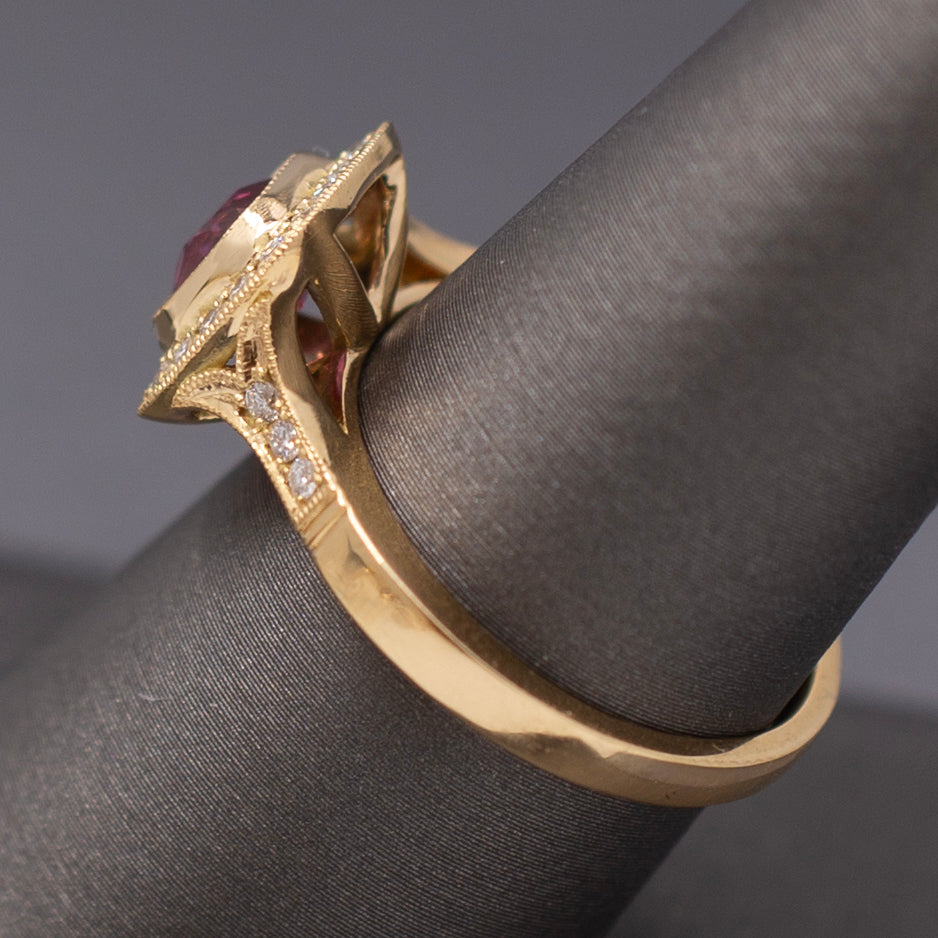 Handcrafted Vivid Pink Spinel and Diamond Ring in 18k Yellow Gold