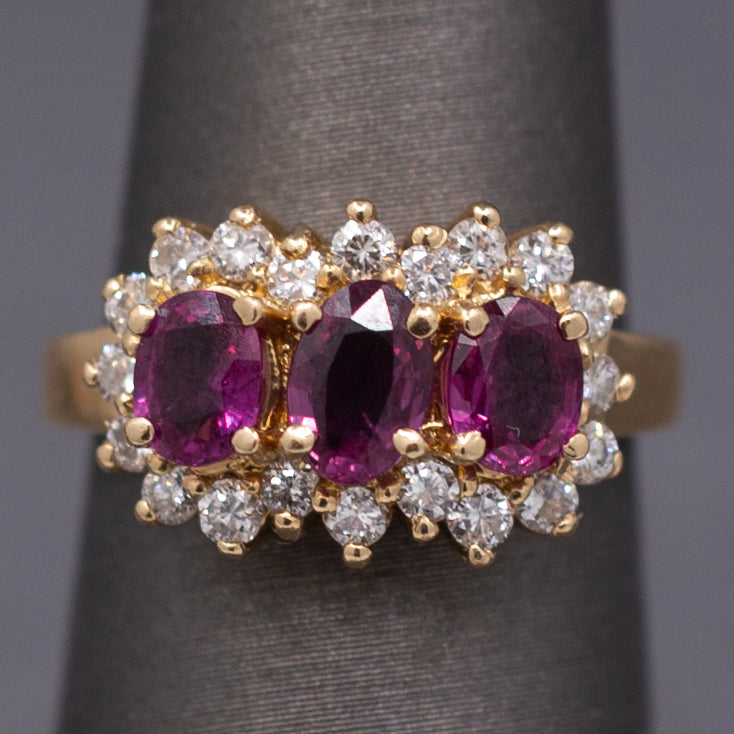 Vintage Ruby and Diamond Three Stone Band Ring in 14k Yellow Gold