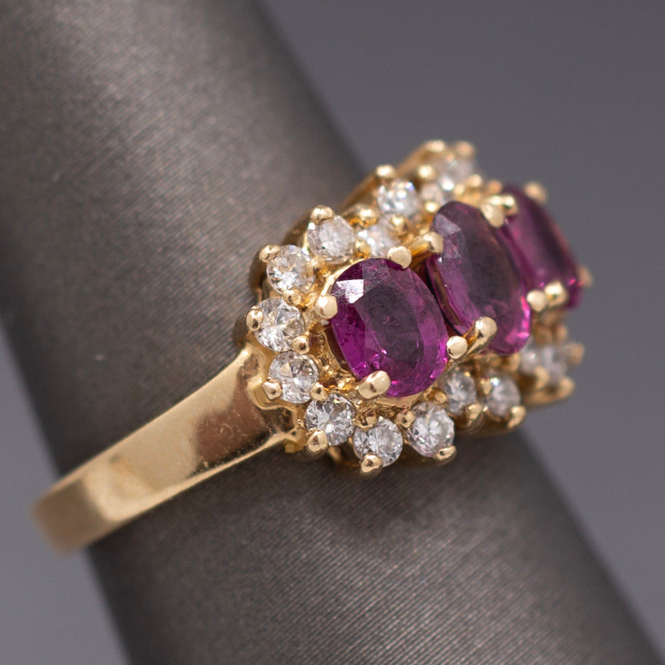 Vintage Ruby and Diamond Three Stone Band Ring in 14k Yellow Gold