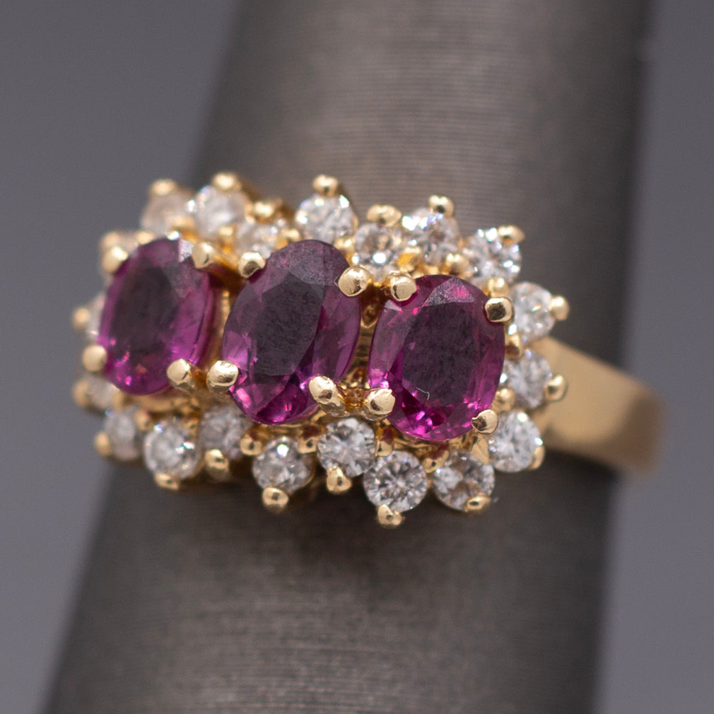 Vintage Ruby and Diamond Three Stone Band Ring in 14k Yellow Gold