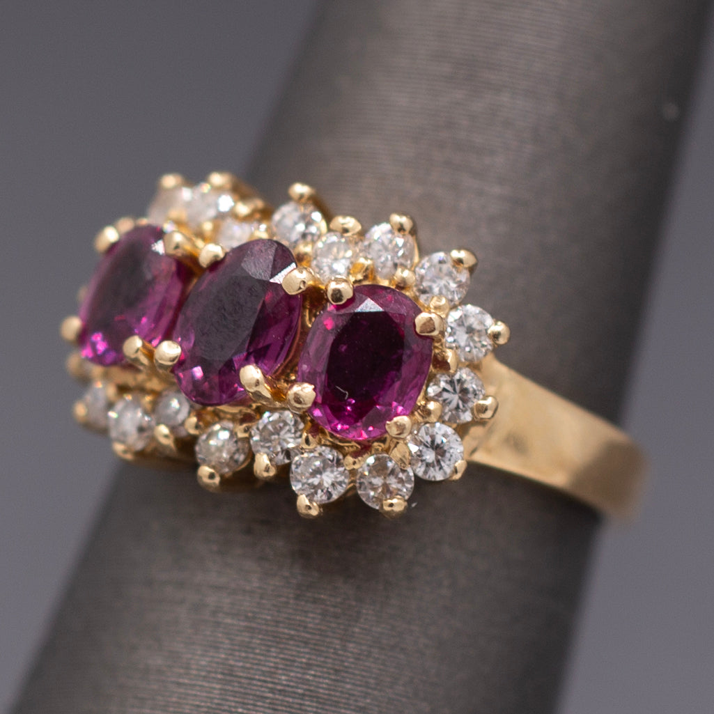Vintage Ruby and Diamond Three Stone Band Ring in 14k Yellow Gold