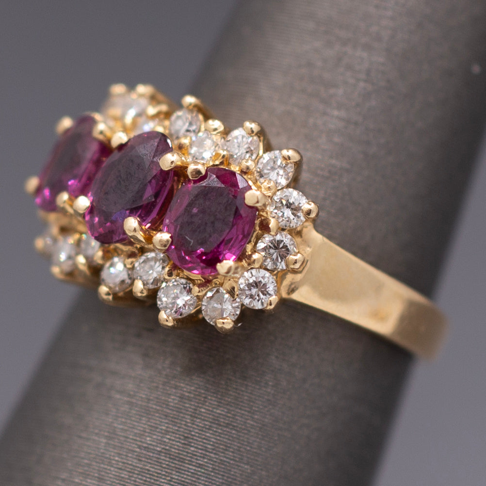 Vintage Ruby and Diamond Three Stone Band Ring in 14k Yellow Gold