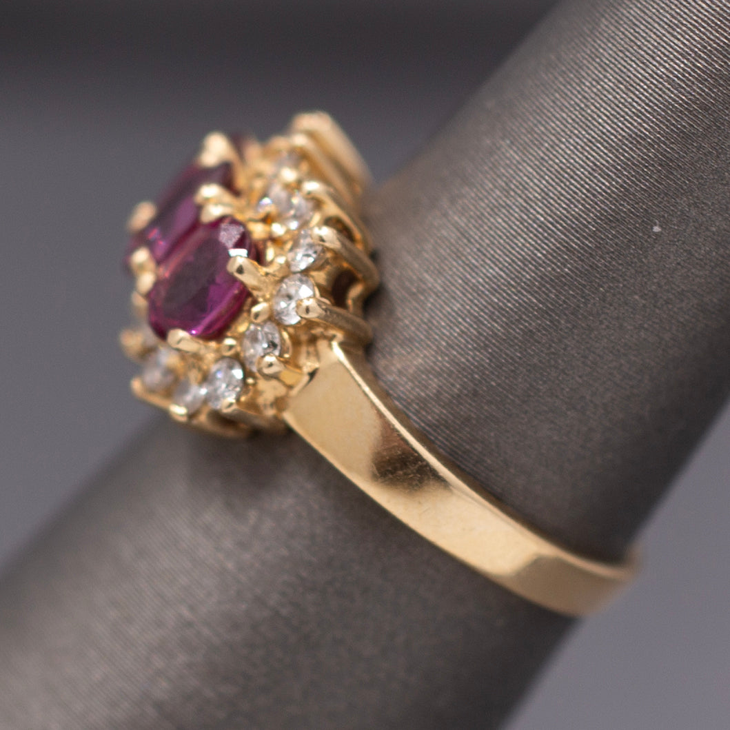 Vintage Ruby and Diamond Three Stone Band Ring in 14k Yellow Gold
