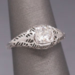 Art Deco Old European Cut Diamond Filigree Floral Engagement Ring in 18k White Gold