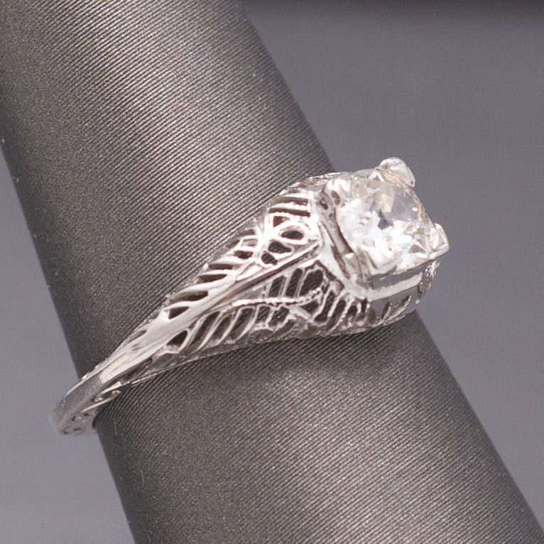 Art Deco Old European Cut Diamond Filigree Floral Engagement Ring in 18k White Gold