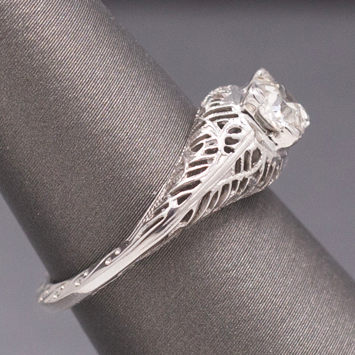 Art Deco Old European Cut Diamond Filigree Floral Engagement Ring in 18k White Gold
