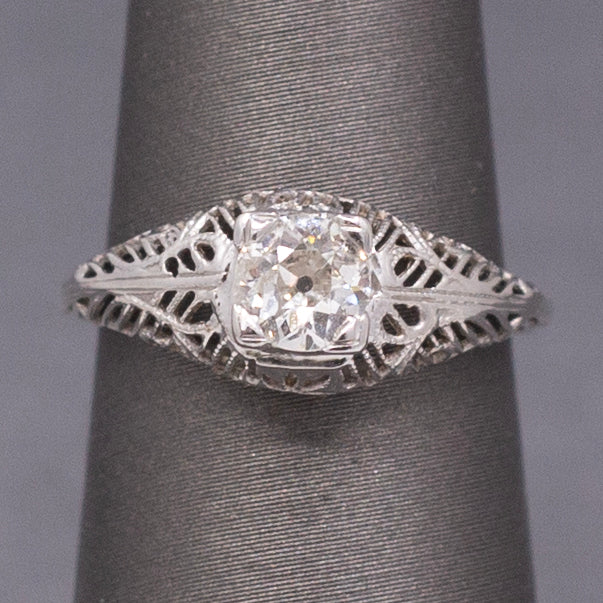 Art Deco Old European Cut Diamond Filigree Floral Engagement Ring in 18k White Gold