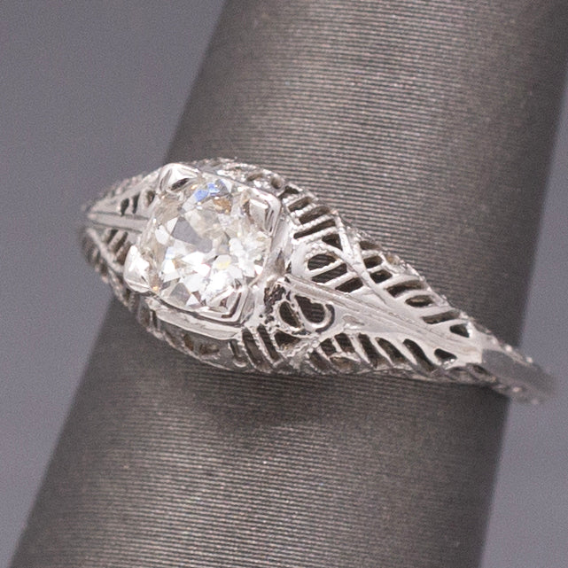 Art Deco Old European Cut Diamond Filigree Floral Engagement Ring in 18k White Gold