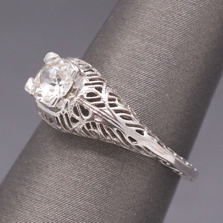 Art Deco Old European Cut Diamond Filigree Floral Engagement Ring in 18k White Gold