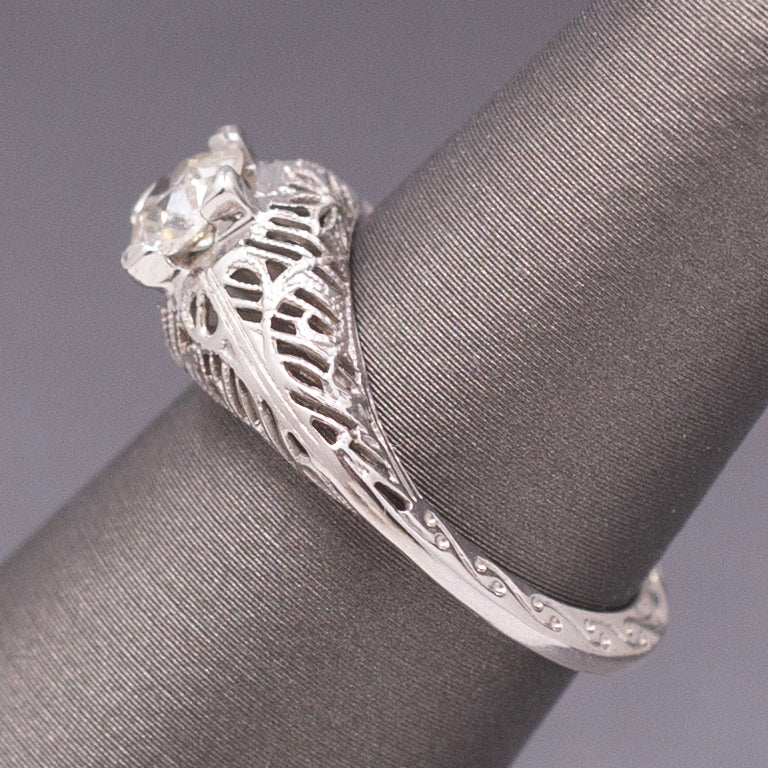 Art Deco Old European Cut Diamond Filigree Floral Engagement Ring in 18k White Gold