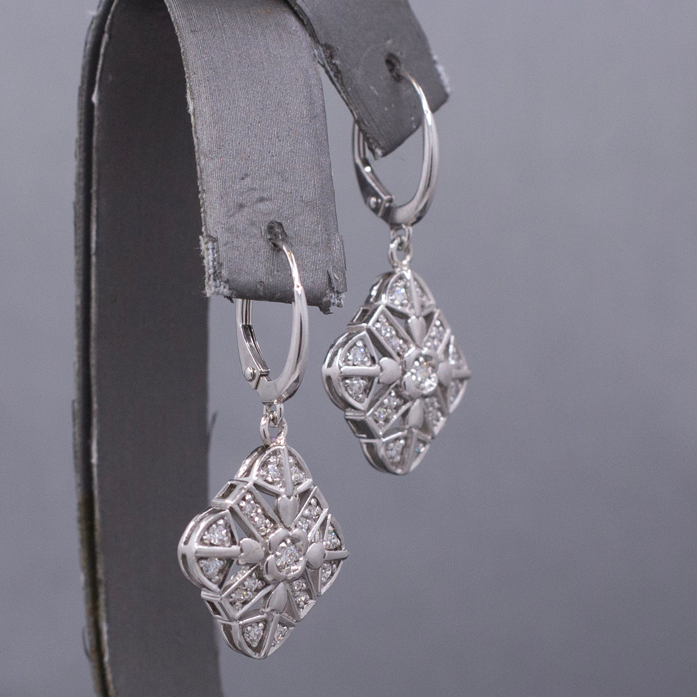 Diamond Snowflake Compass Pierced Dangle Earrings in 14k White Gold