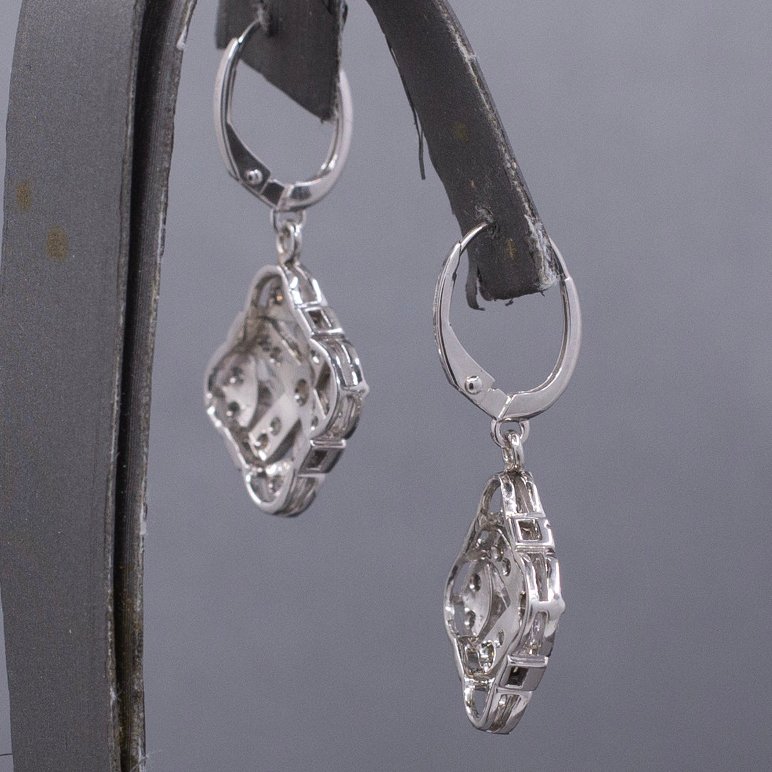 Diamond Snowflake Compass Pierced Dangle Earrings in 14k White Gold