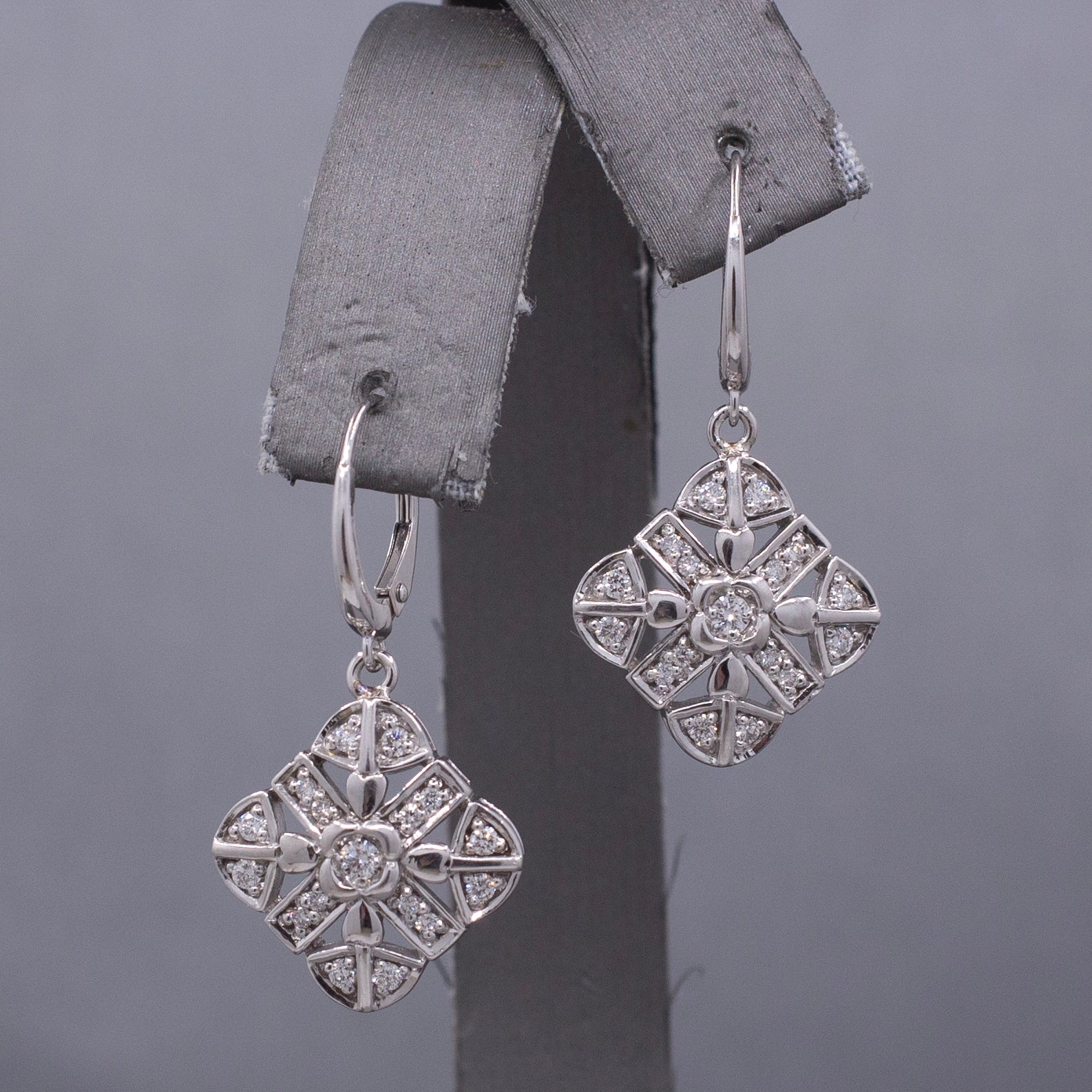 Diamond Snowflake Compass Pierced Dangle Earrings in 14k White Gold